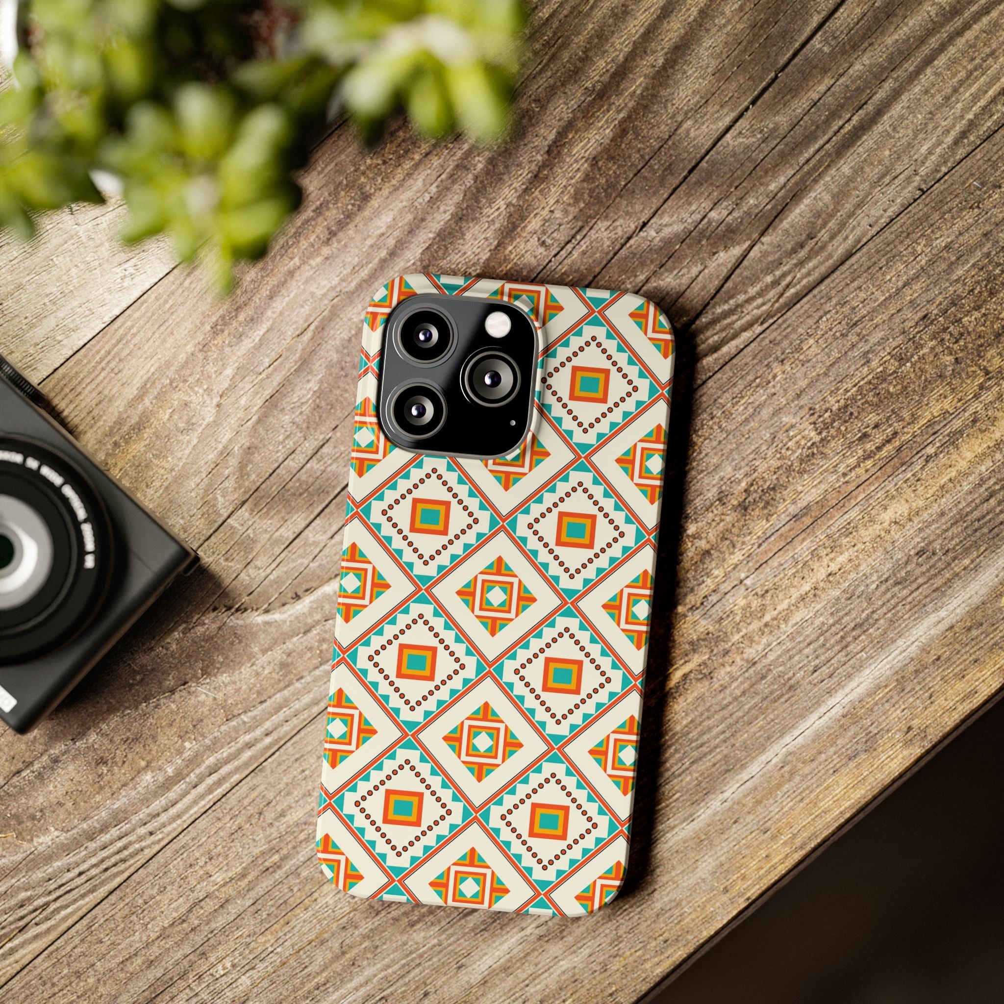 Slim Phone Case — Retro Geometric Tile Pattern (Turquoise & Orange)