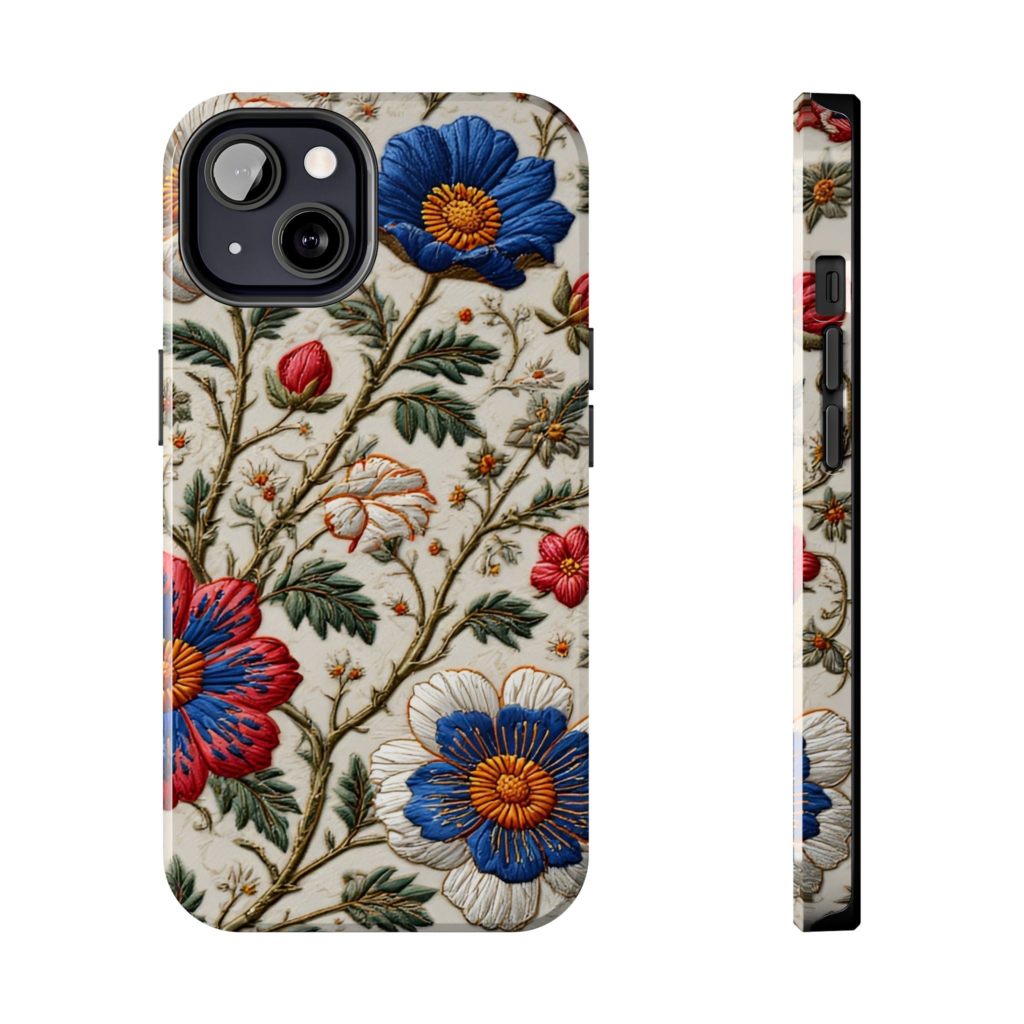 Floral Embroidery Tough Phone Case — Vintage Blue & Red Garden Design