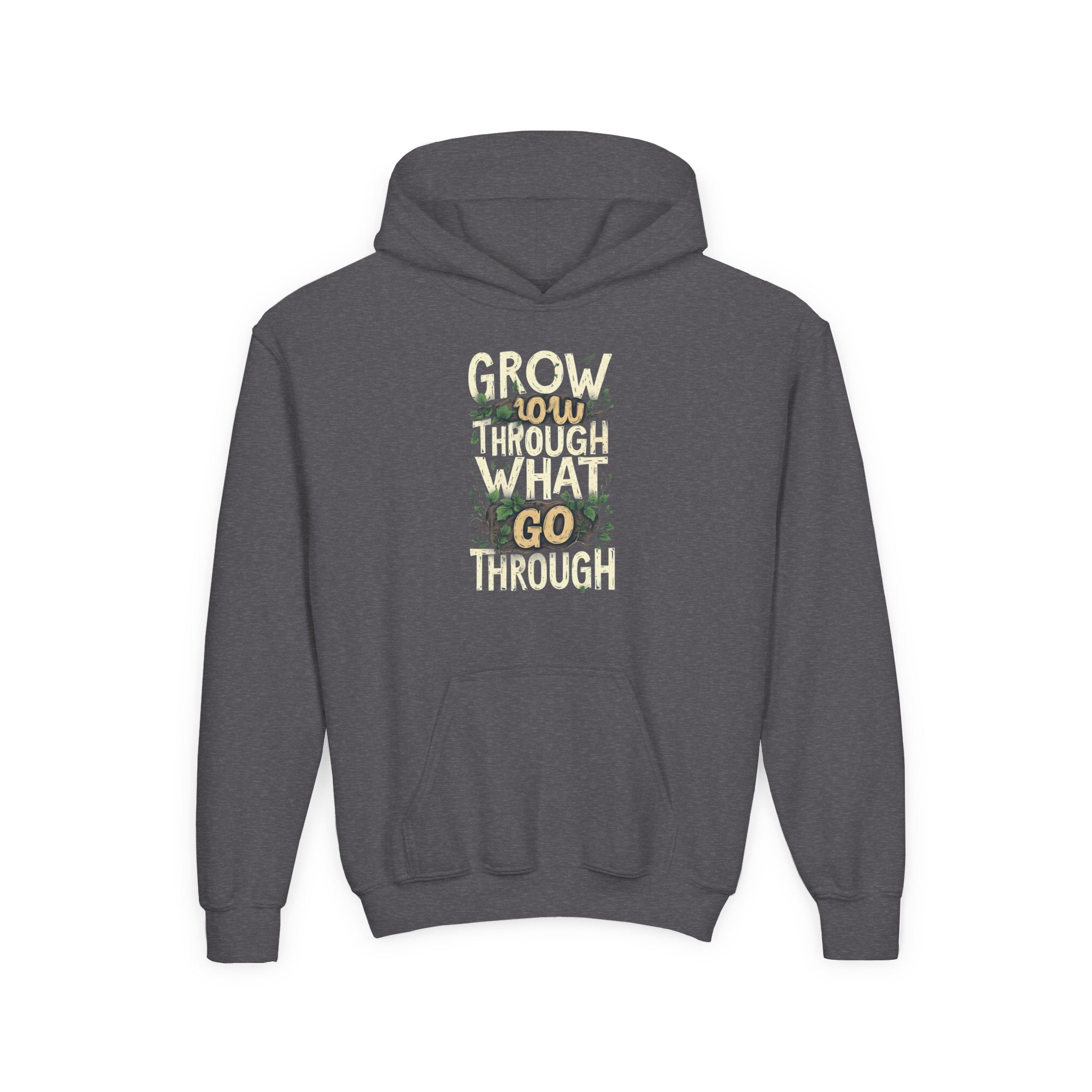 Youth Hoodie — 'Grow Slow, Go Through' Floral Motivational Hooded Sweatshirt