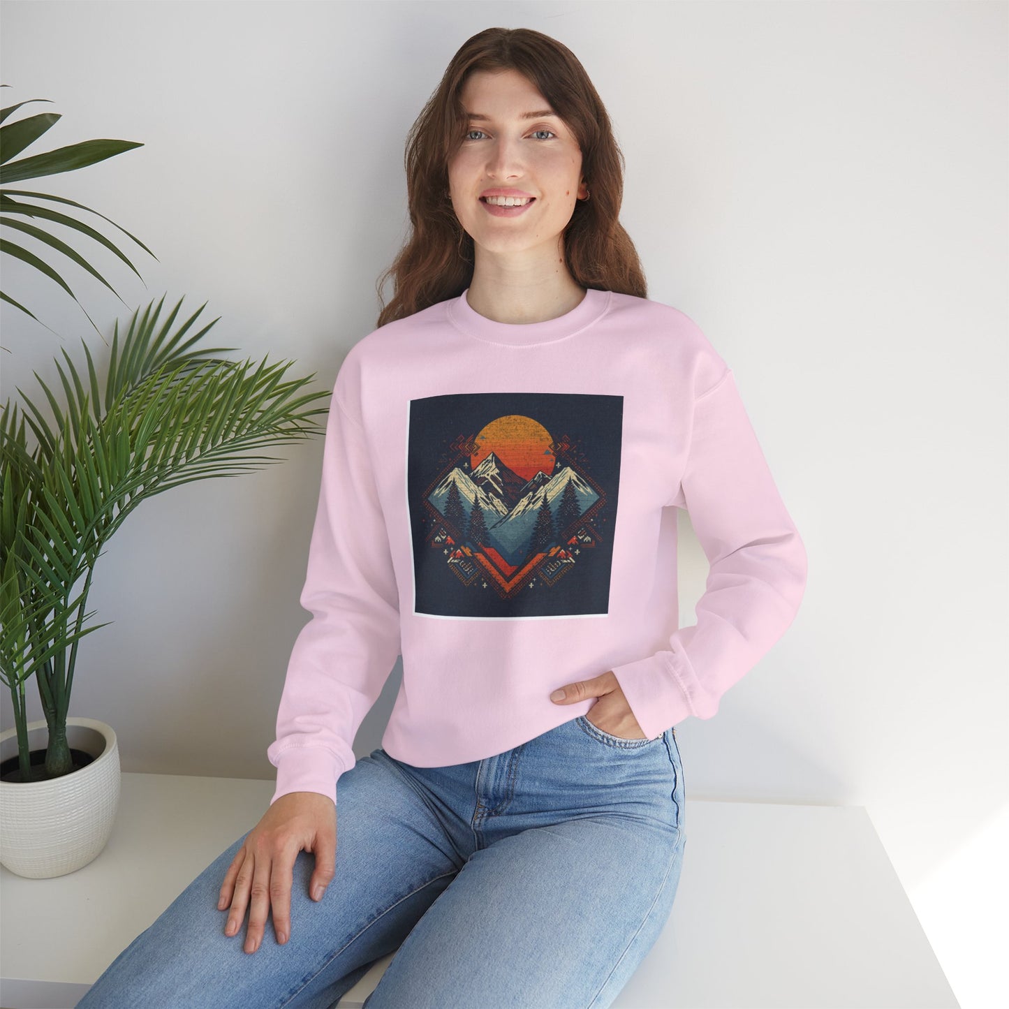Mountain Sunset Crewneck Sweatshirt — Retro Geometric Peaks Graphic
