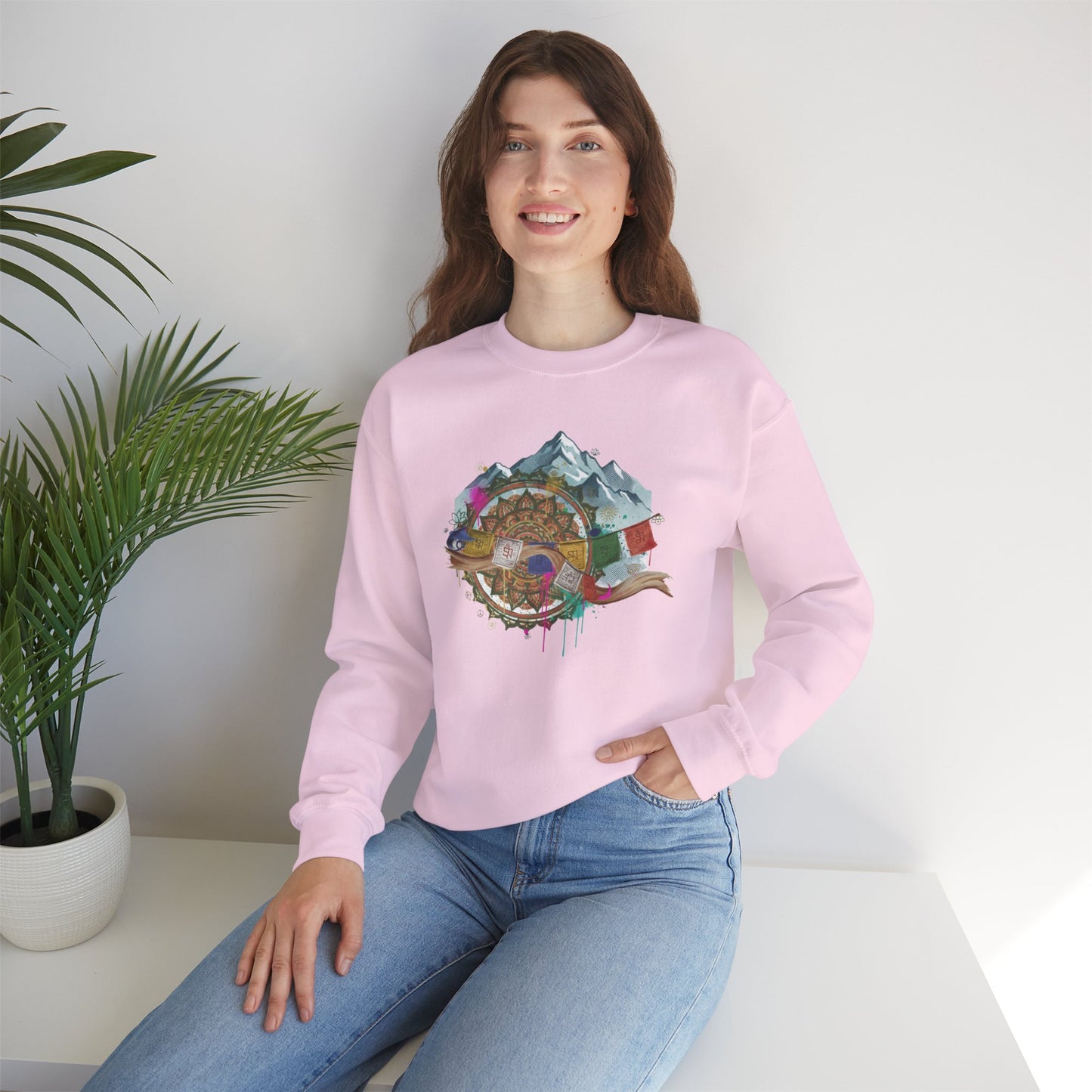 Adventure Mountain Crewneck Sweatshirt — Colorful Hiking Compass & Peaks Design