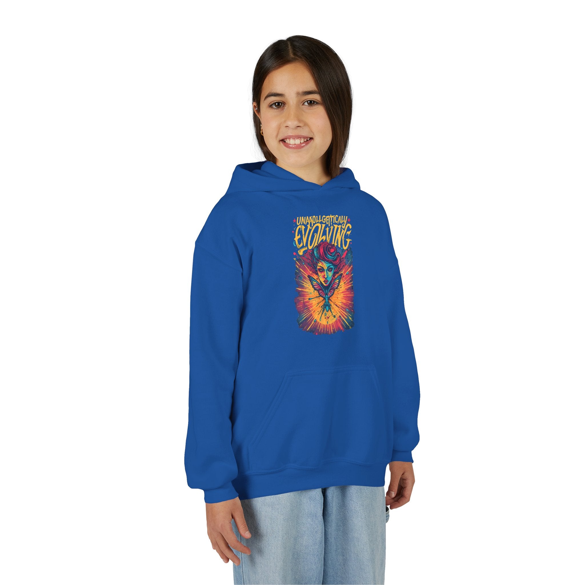 Youth Hoodie — Vibrant 'Evolving' Butterfly Girl Graphic Sweatshirt