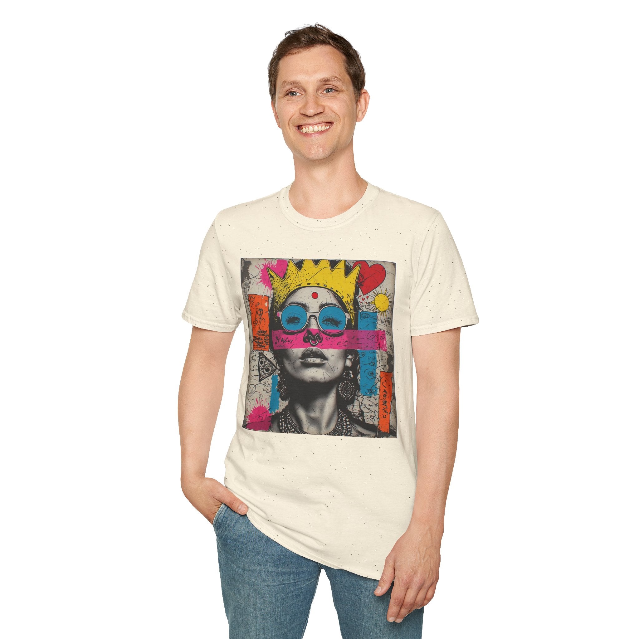 Abstract Pop Art Portrait T-Shirt — Neon Crown & Sunglasses Graphic