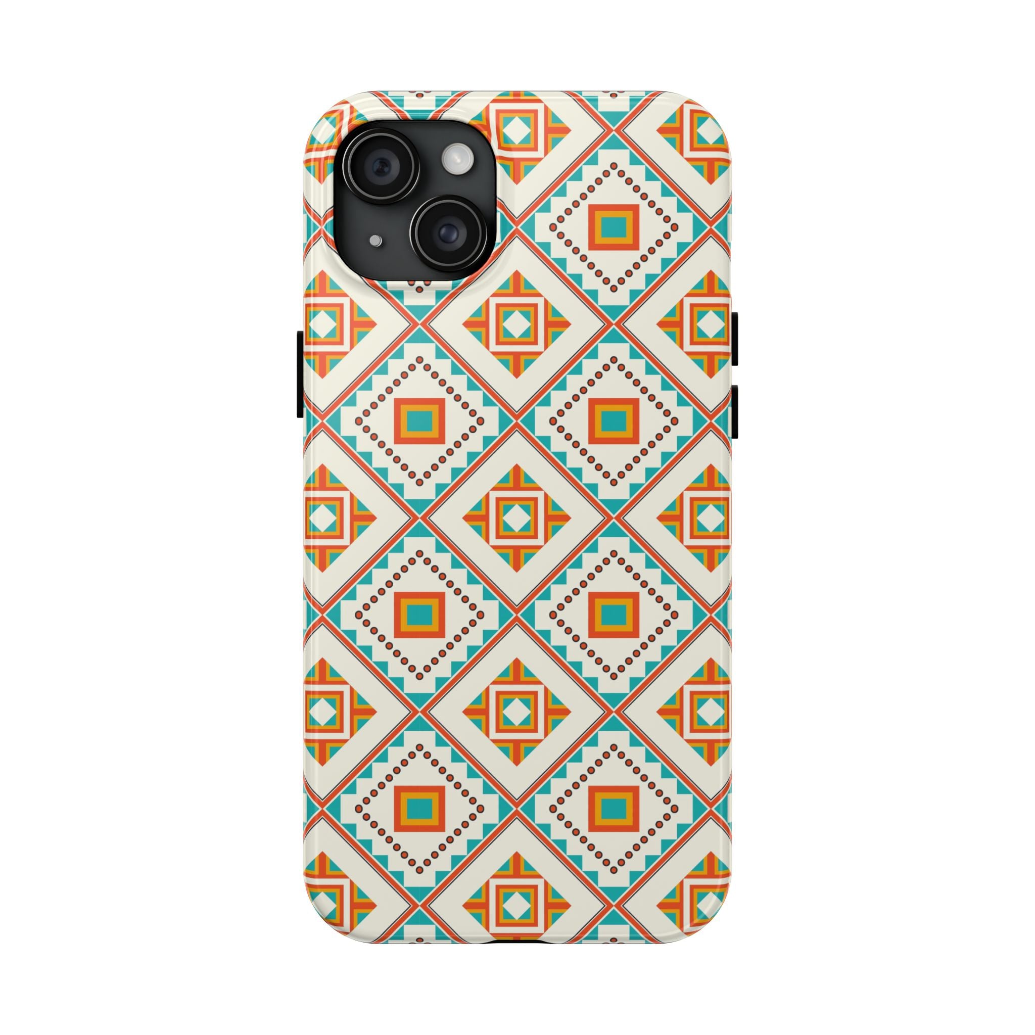 Tough Phone Case — Geometric Retro Tile Pattern, Orange & Teal Protective Cover