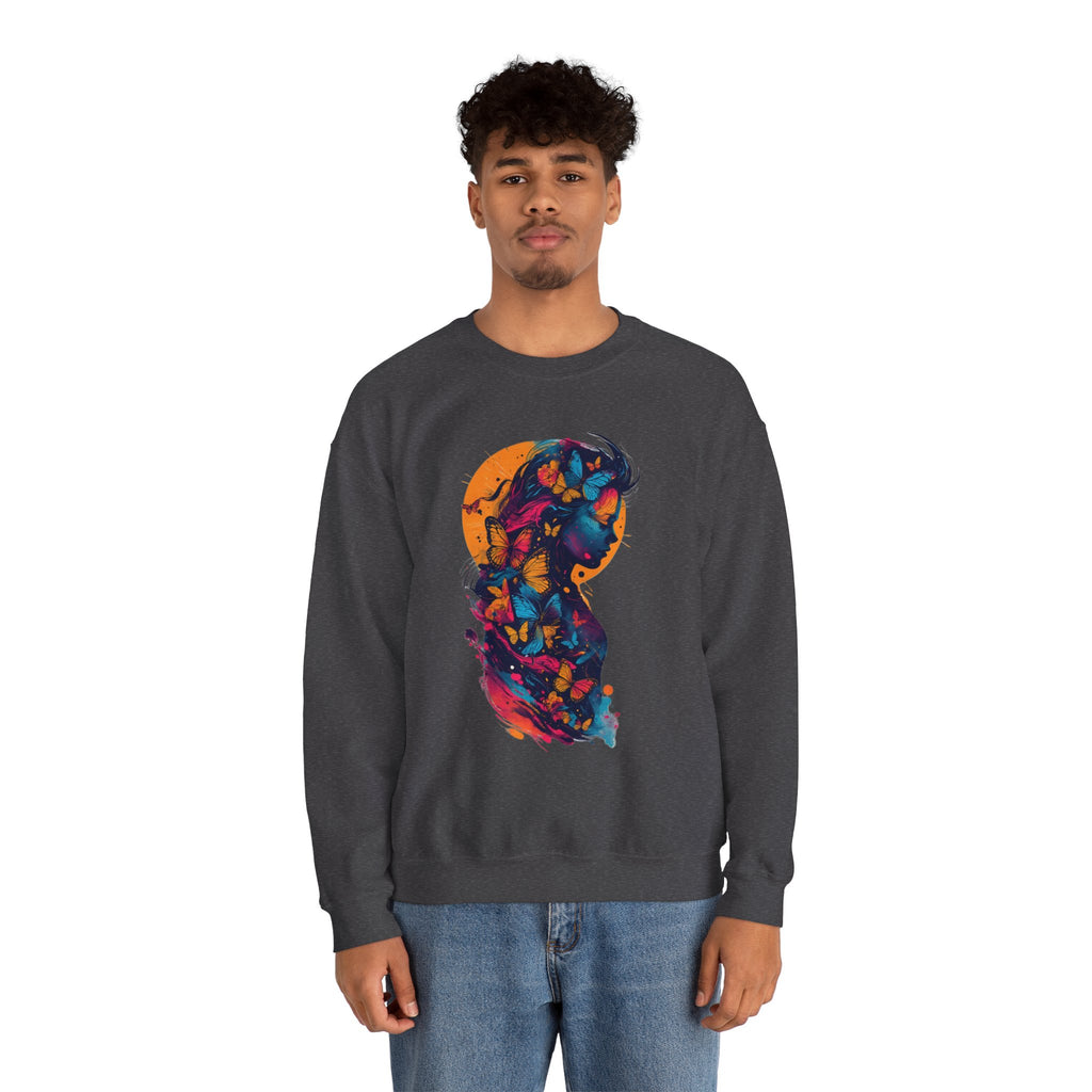 Butterfly Silhouette Crewneck Sweatshirt — Colorful Butterfly Profile Graphic