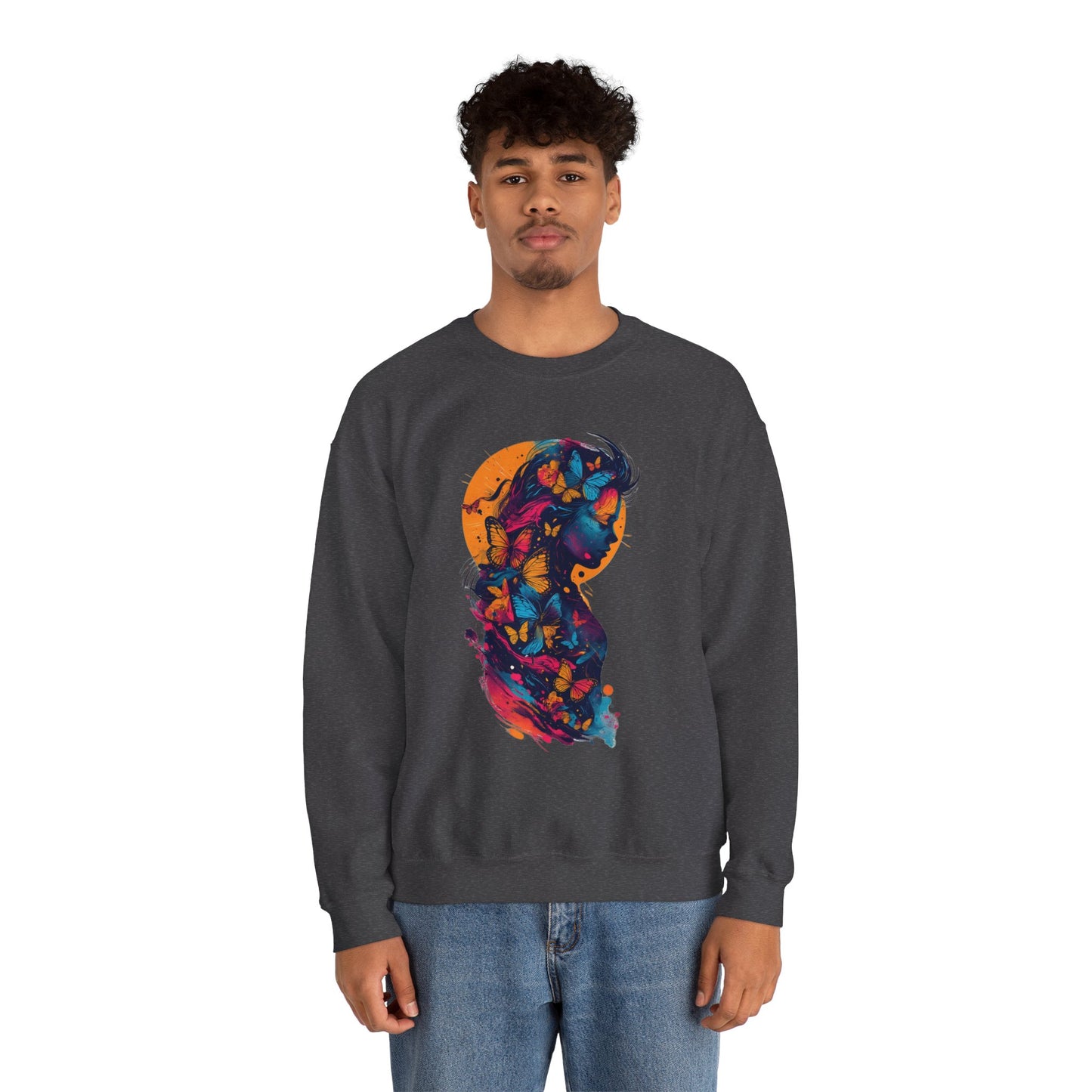 Butterfly Silhouette Crewneck Sweatshirt — Colorful Butterfly Profile Graphic