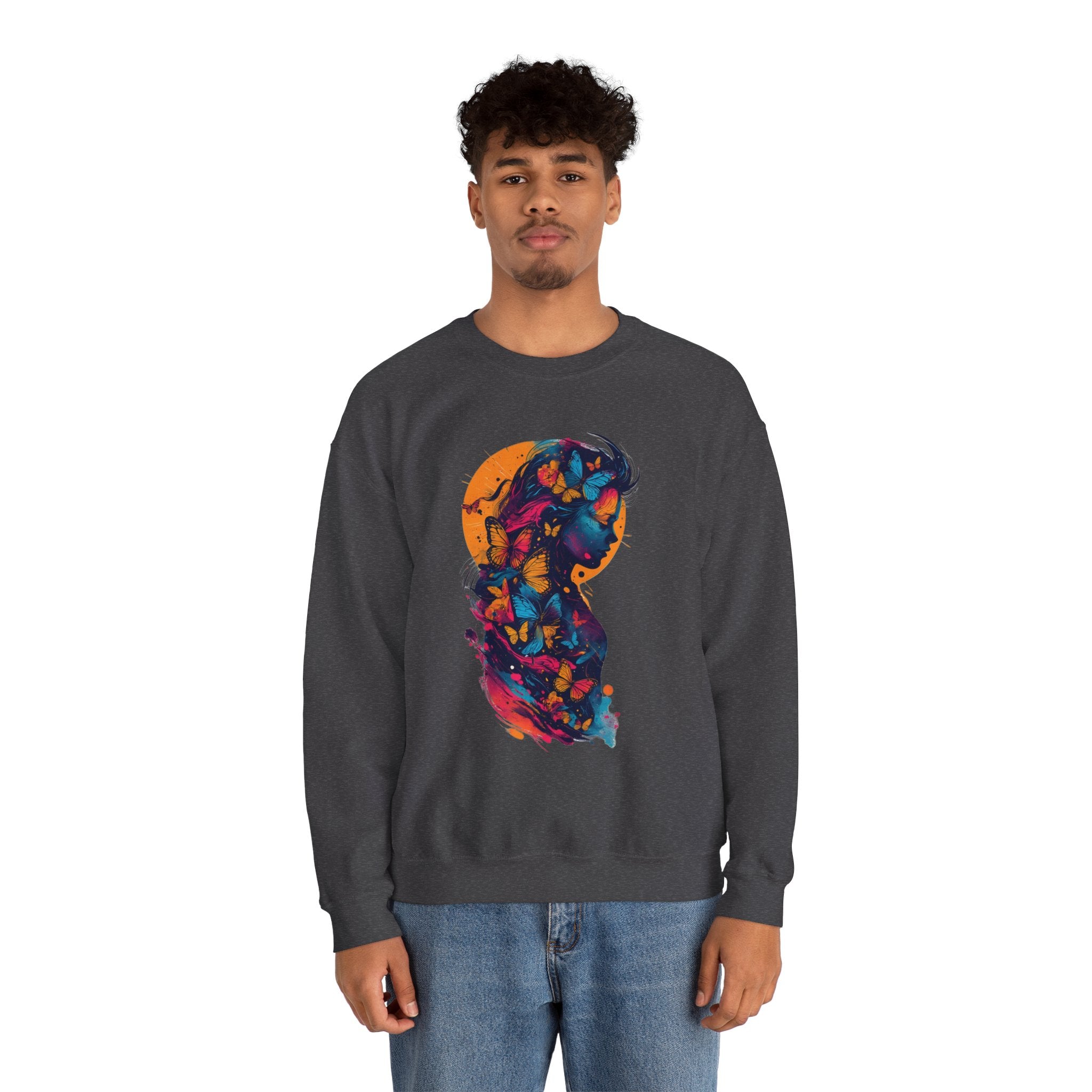 Butterfly Silhouette Crewneck Sweatshirt — Colorful Butterfly Profile Graphic