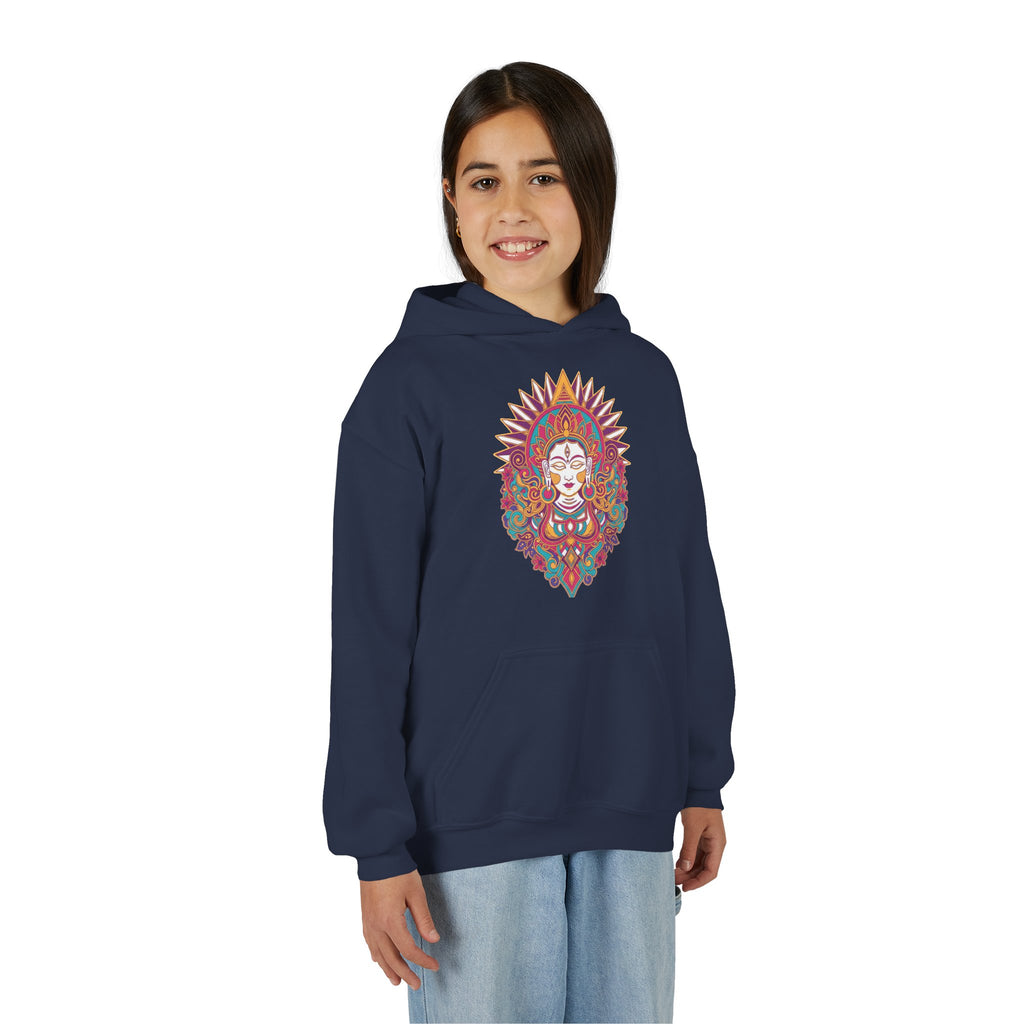 Youth Hoodie with Colorful Sugar Skull Goddess Design — Day of the Dead Kids Pullover
