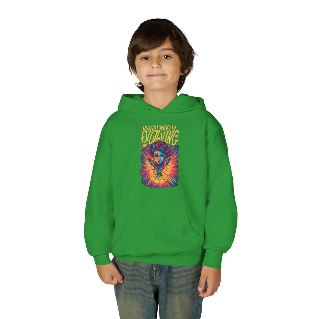 Youth Hoodie — Vibrant 'Evolving' Butterfly Girl Graphic Sweatshirt
