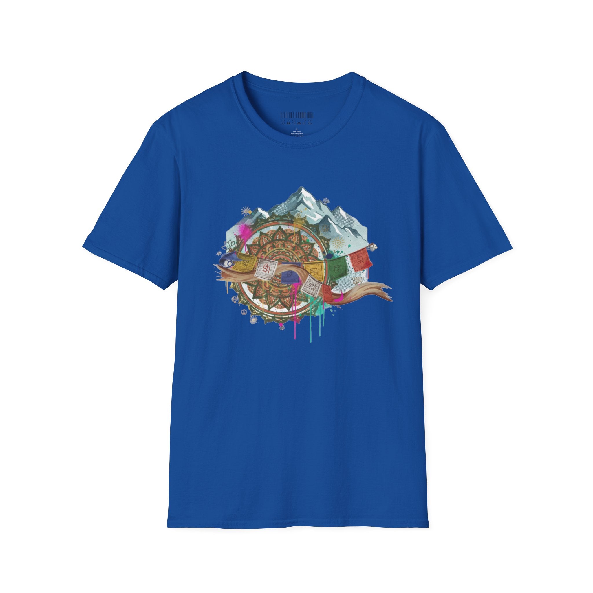 Adventure Compass T-Shirt — Mountain Compass with Prayer Flags & Colorful Globe