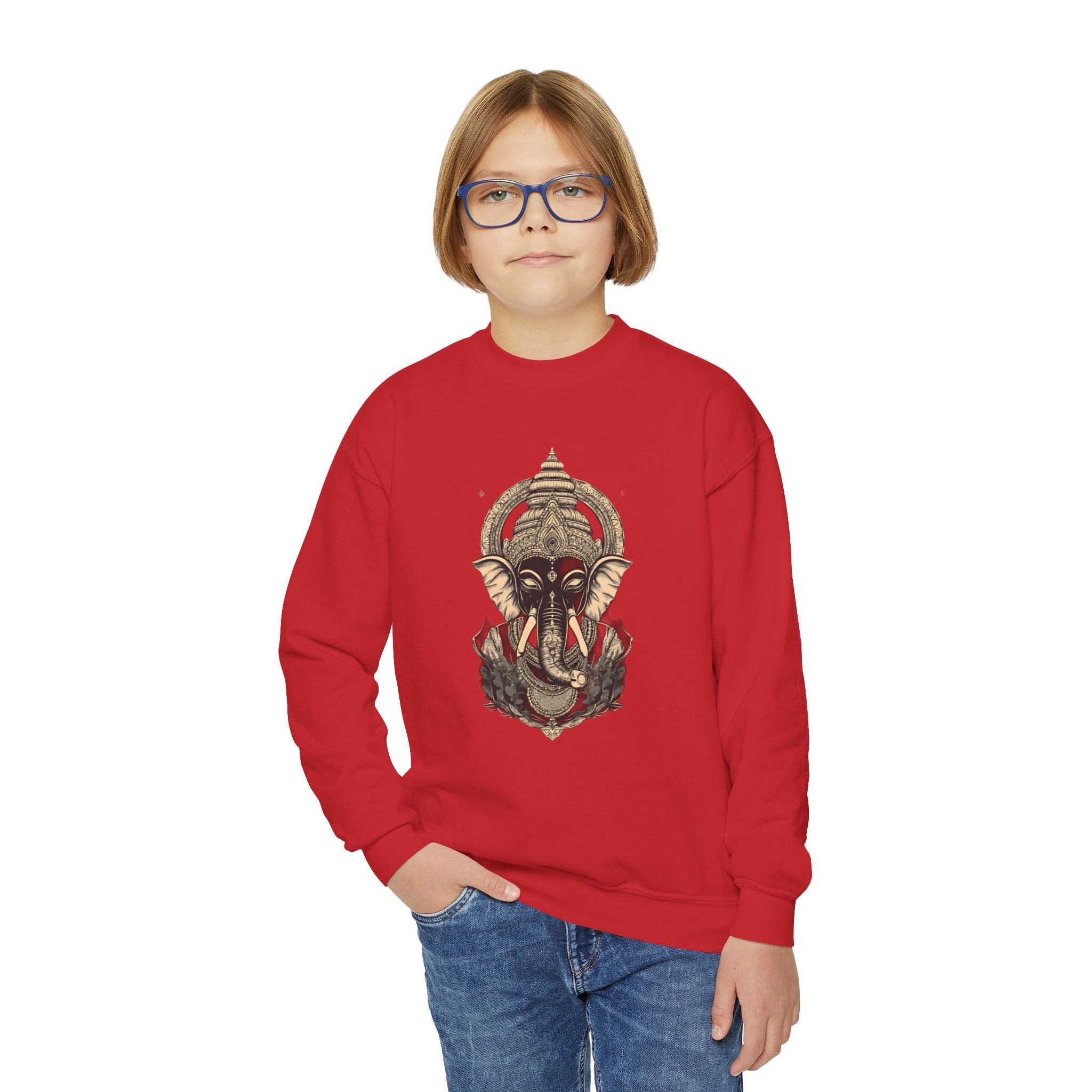 Ganesha Elephant Graphic Crewneck Sweatshirt — Youth Spiritual/Boho Kids Pullover