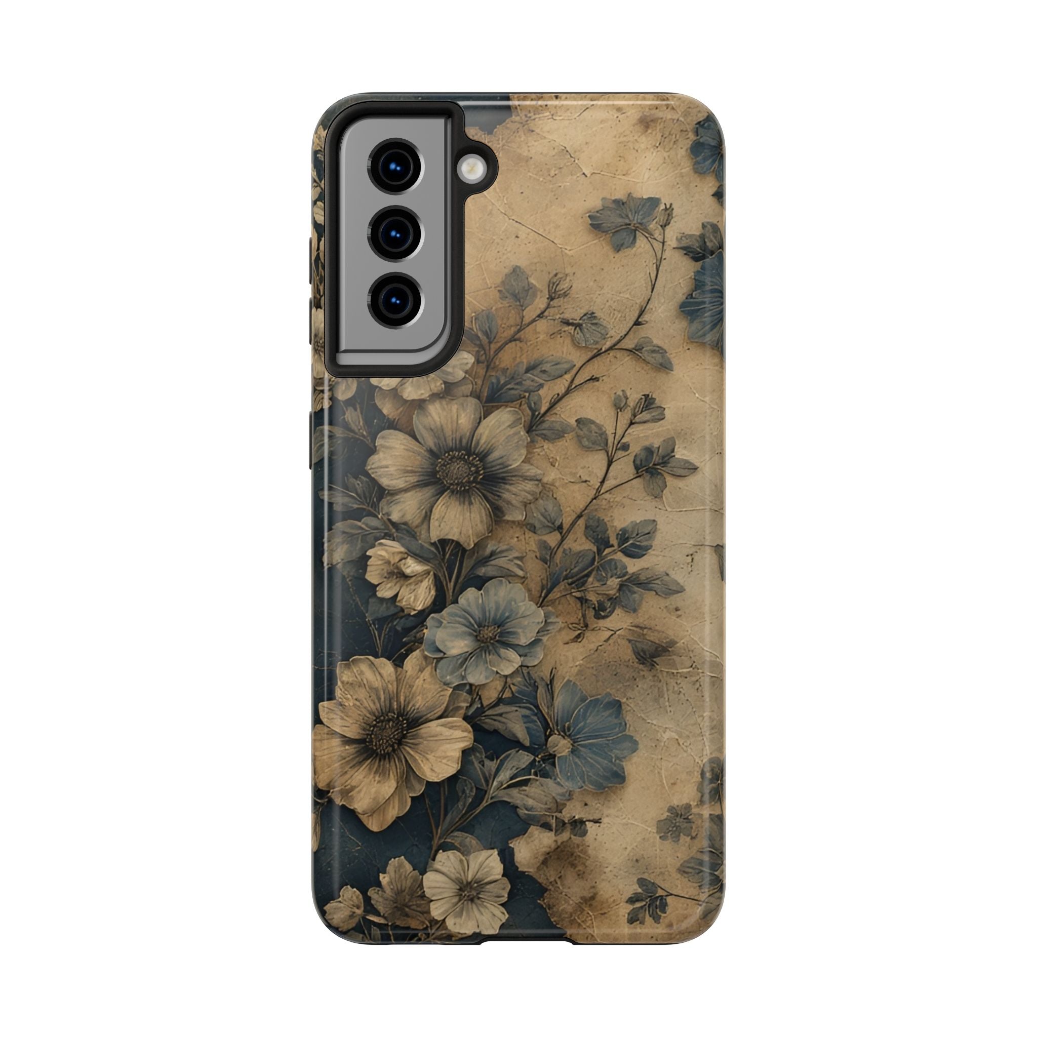 Vintage Floral Tough Phone Case — Antique Beige & Navy Protective Cover