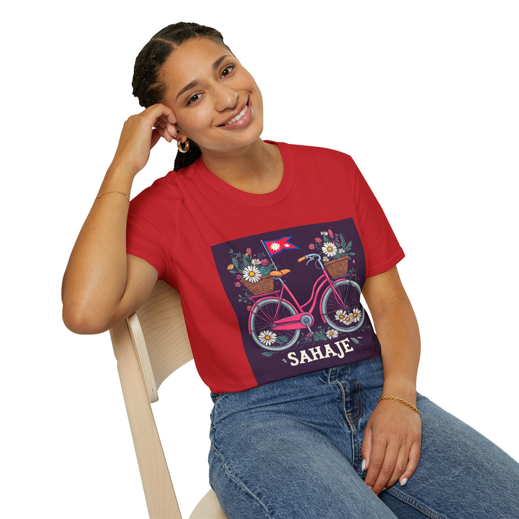 Bicycle Floral T-Shirt – Pink Bike with Baskets & "Sahaje" Text