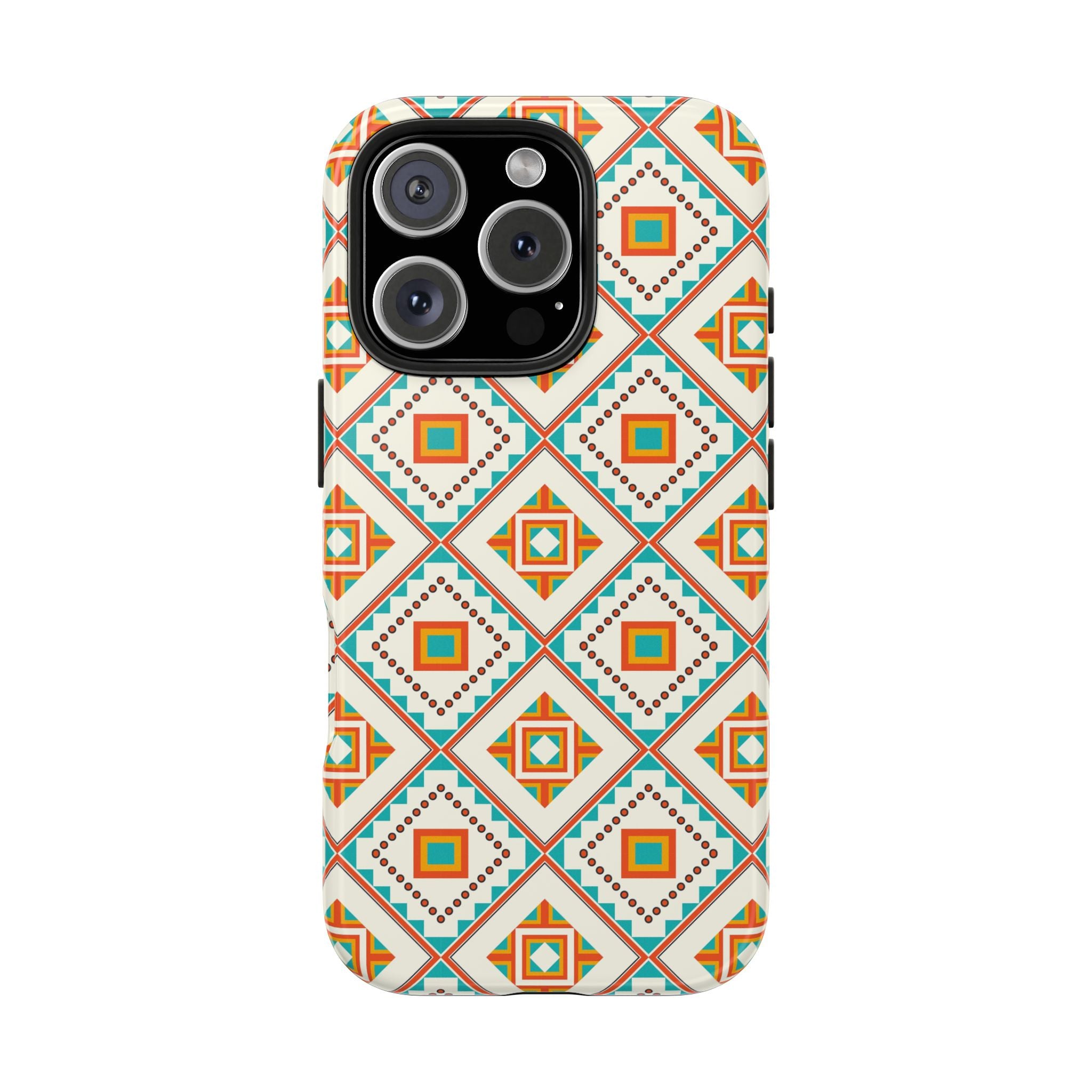 Tough Phone Case — Geometric Retro Tile Pattern, Orange & Teal Protective Cover