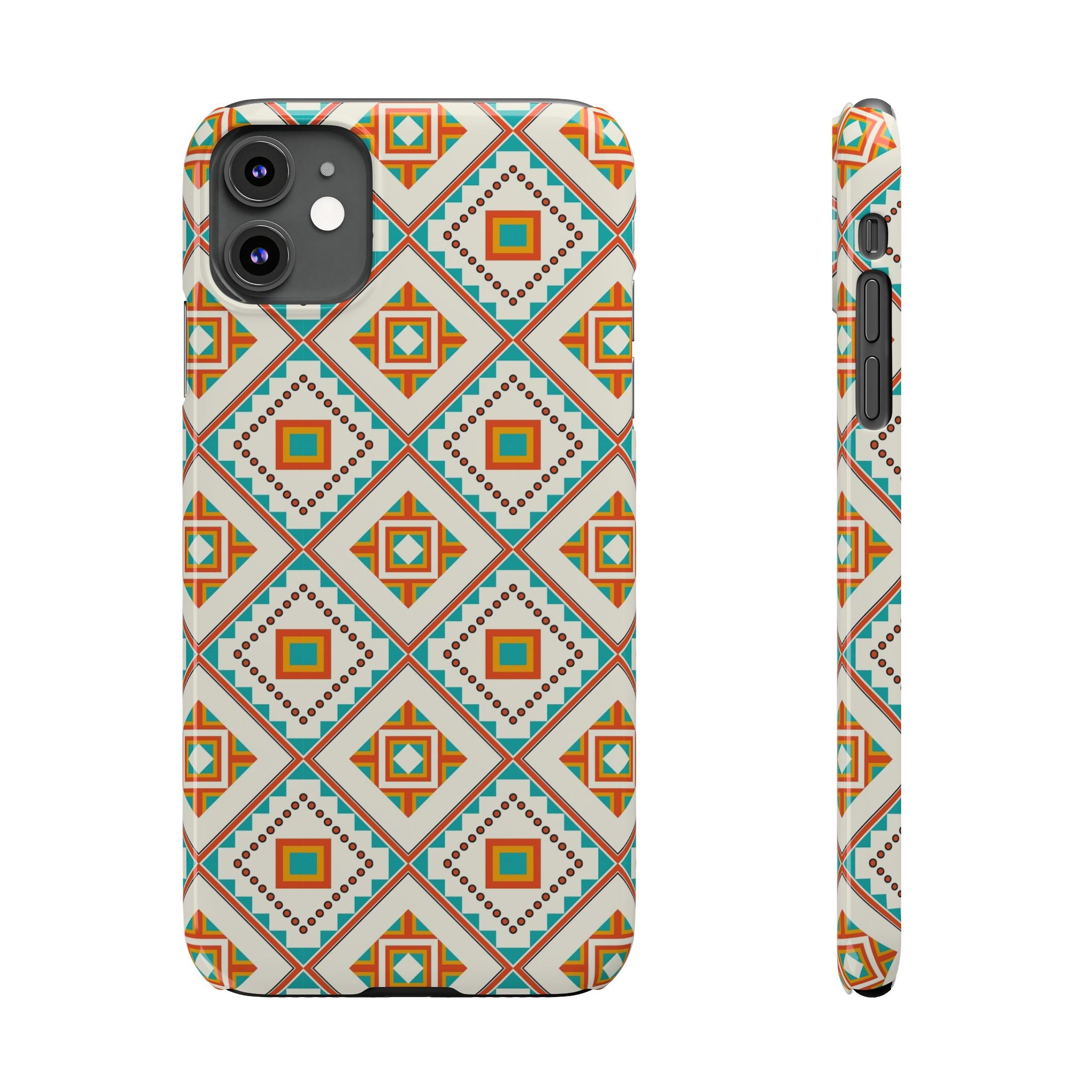Slim Phone Case — Retro Geometric Tile Pattern (Turquoise & Orange)