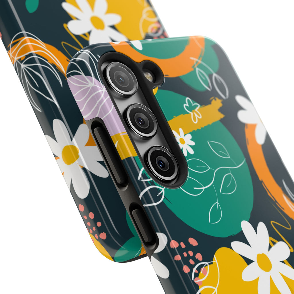 Floral Abstract Tough Phone Case — Colorful Daisies & Brushstroke Design