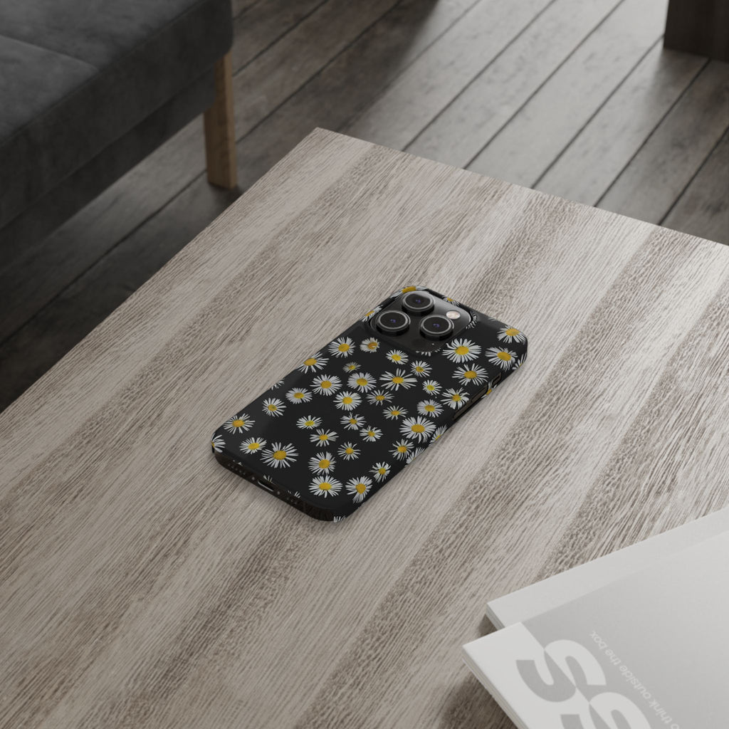 Daisy Pattern Slim Phone Case — Black Background Floral iPhone Case