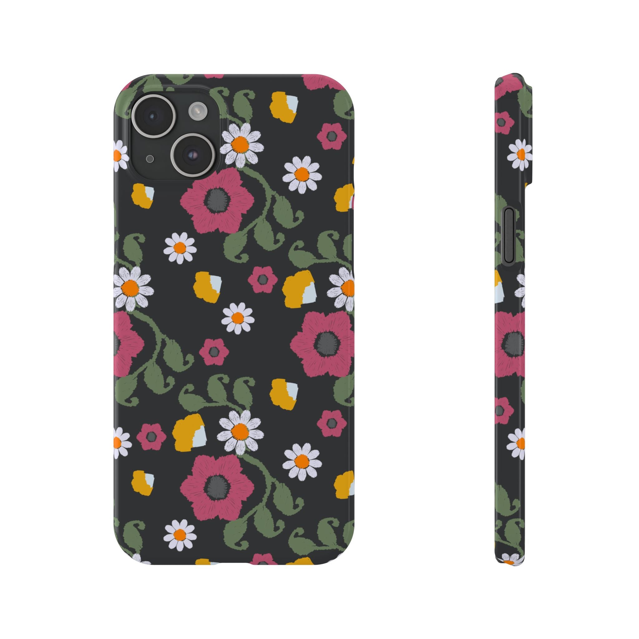 Floral Slim Phone Case, Black Flower Phone Cover, Stylish Phone Accessory, Gift for Her, Trendy Floral Case