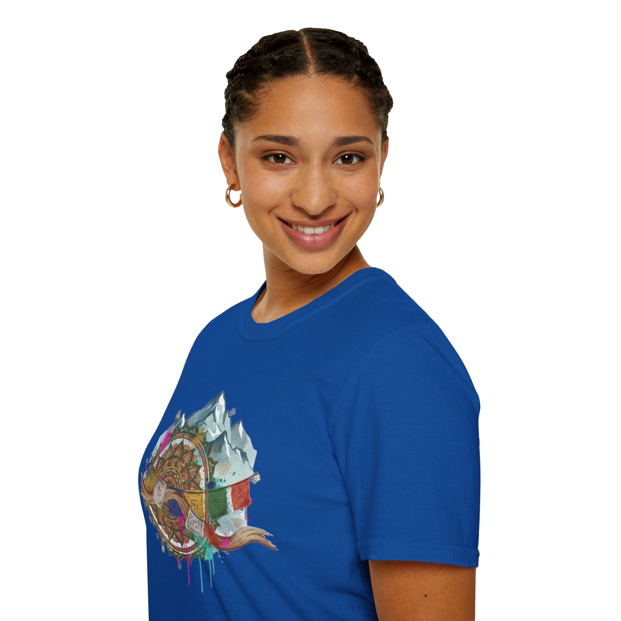 Adventure Compass T-Shirt — Mountain Compass with Prayer Flags & Colorful Globe