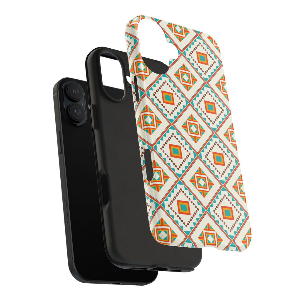 Tough Phone Case — Geometric Retro Tile Pattern, Orange & Teal Protective Cover