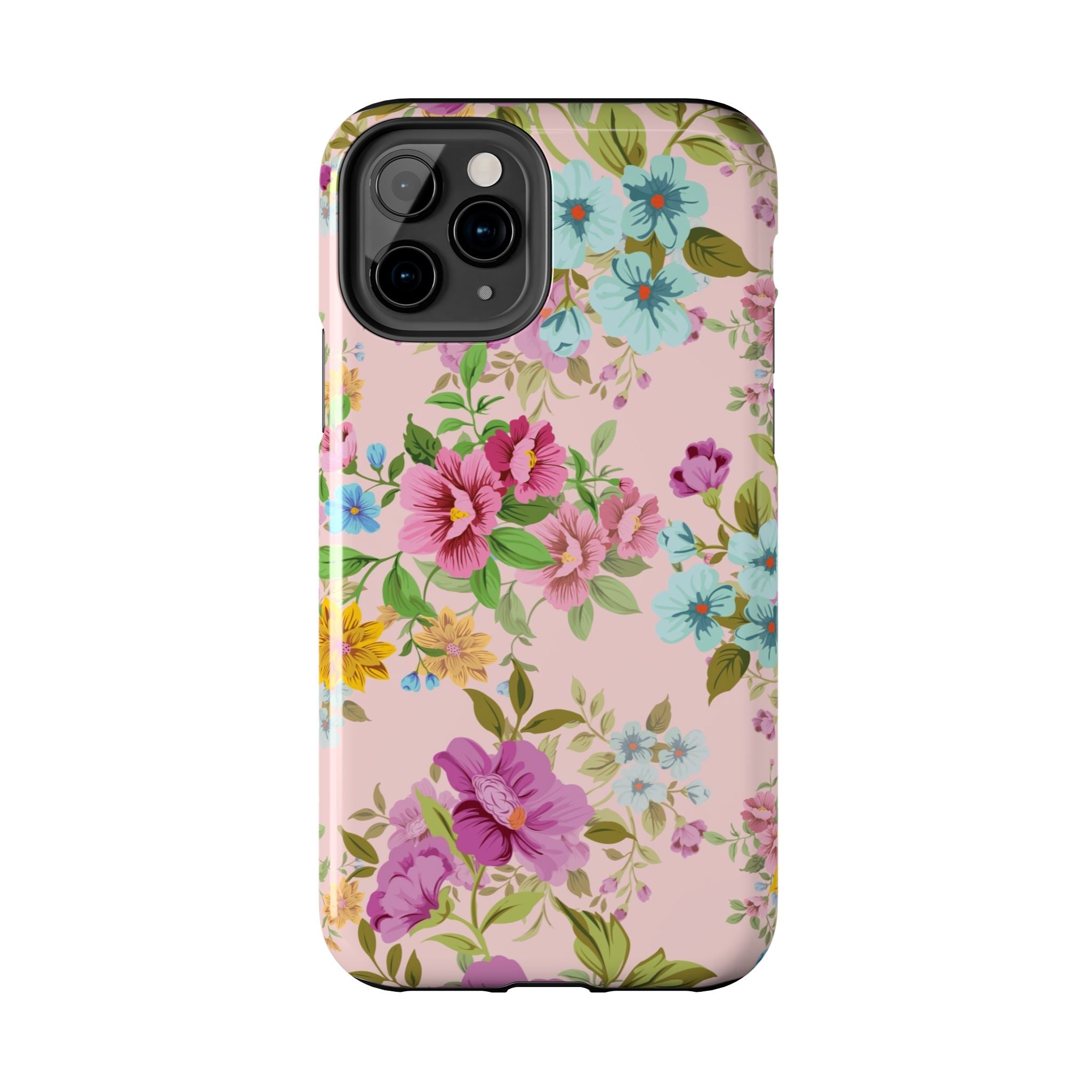 Floral Vintage Tough Phone Case — Pink Rose & Blue Blossom Protective Cover
