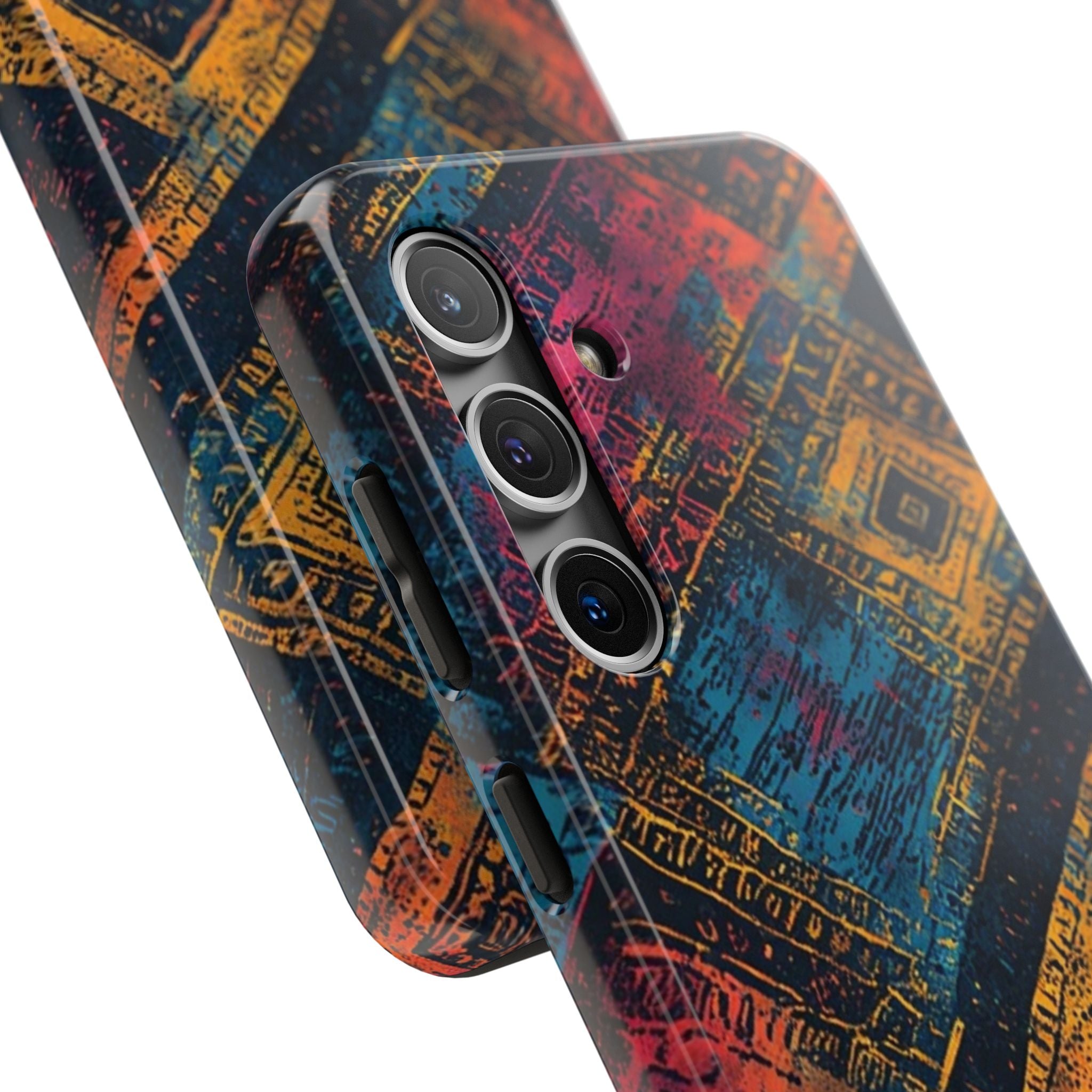 Tough Phone Case – Abstract Rustic Geometric Design (Blue, Orange, Magenta)