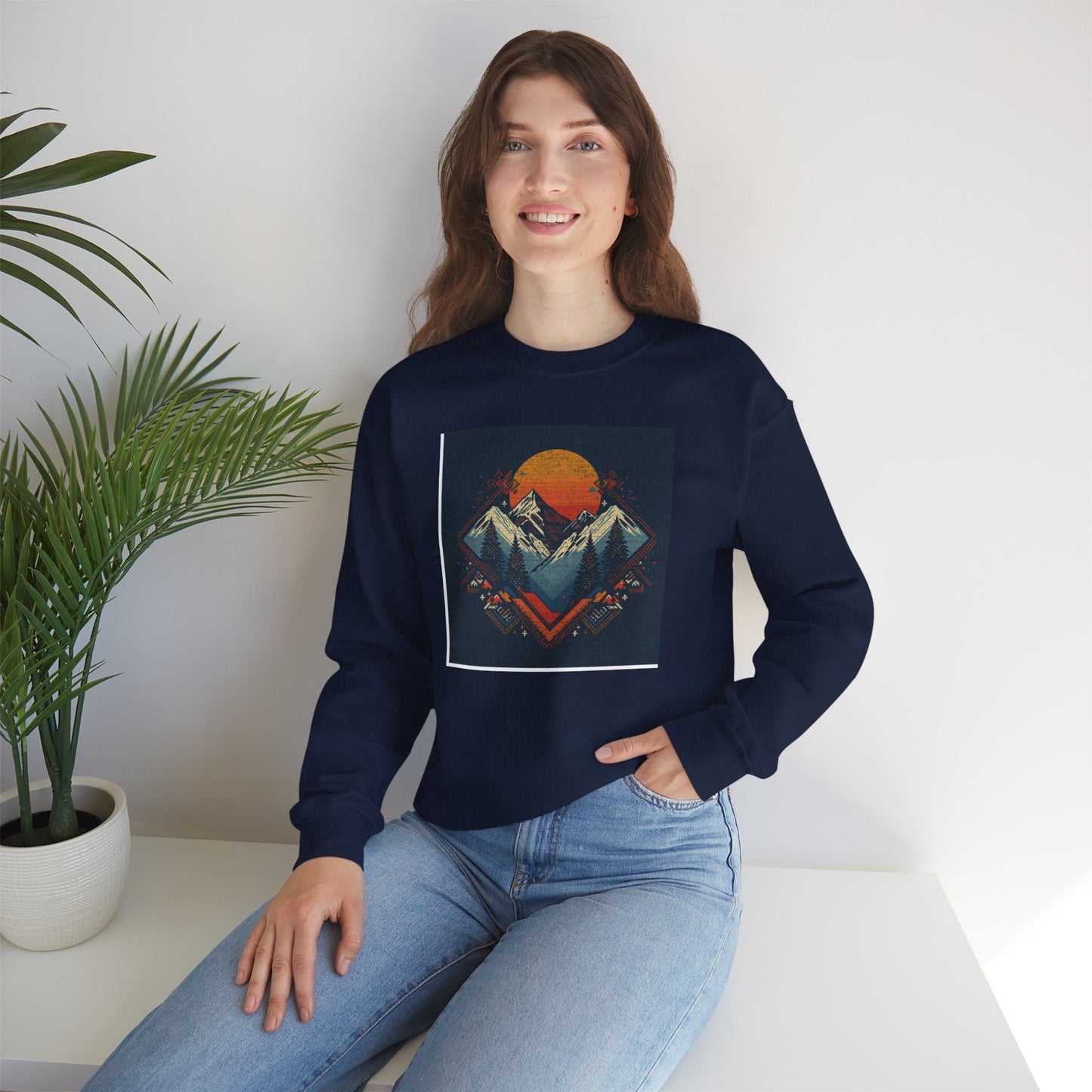 Mountain Sunset Crewneck Sweatshirt — Retro Geometric Peaks Graphic