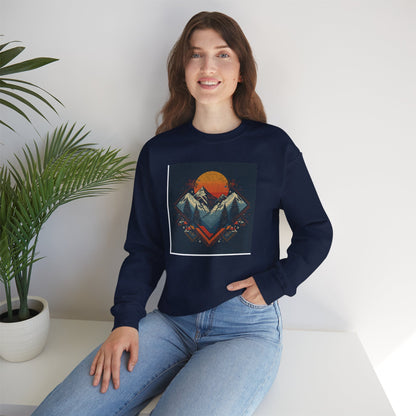 Mountain Sunset Crewneck Sweatshirt — Retro Geometric Peaks Graphic