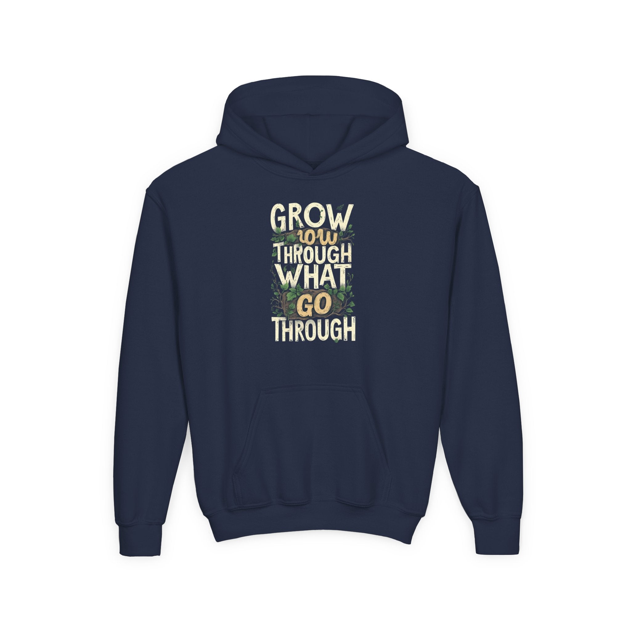 Youth Hoodie — 'Grow Slow, Go Through' Floral Motivational Hooded Sweatshirt