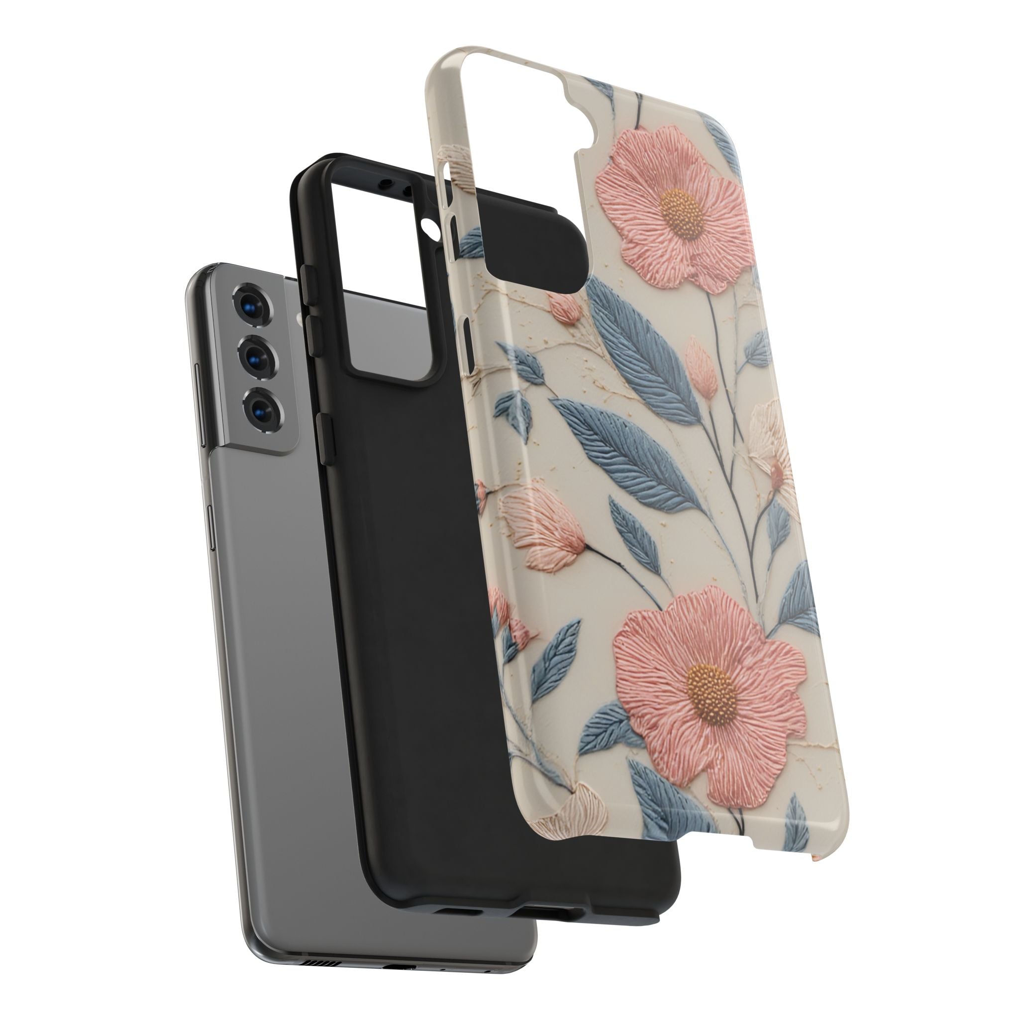 Floral Embroidered Tough Phone Case — Pink Blossom Protective Phone Cover