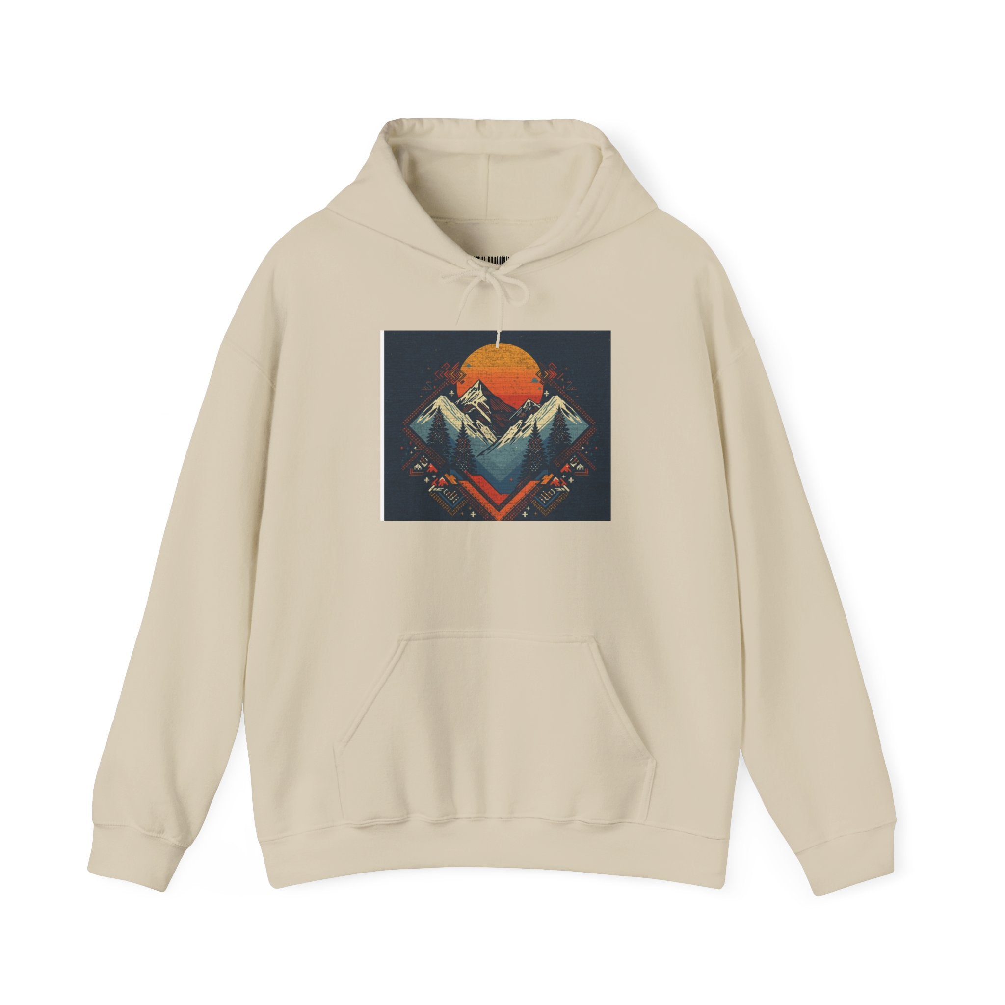 Mountain Sunset Hoodie – Retro Geometric Peaks & Rising Sun Sweatshirt