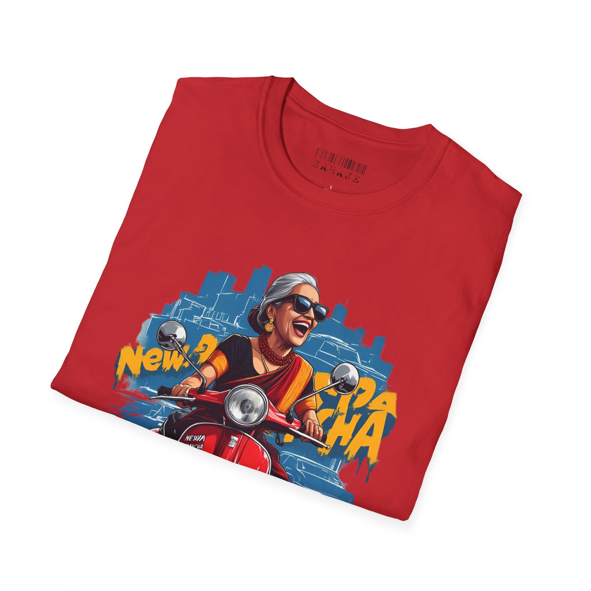 Newa Maicha Riding Scooter T-Shirt – Newari Woman in New York Graphic Tee, Cultural & Urban Design