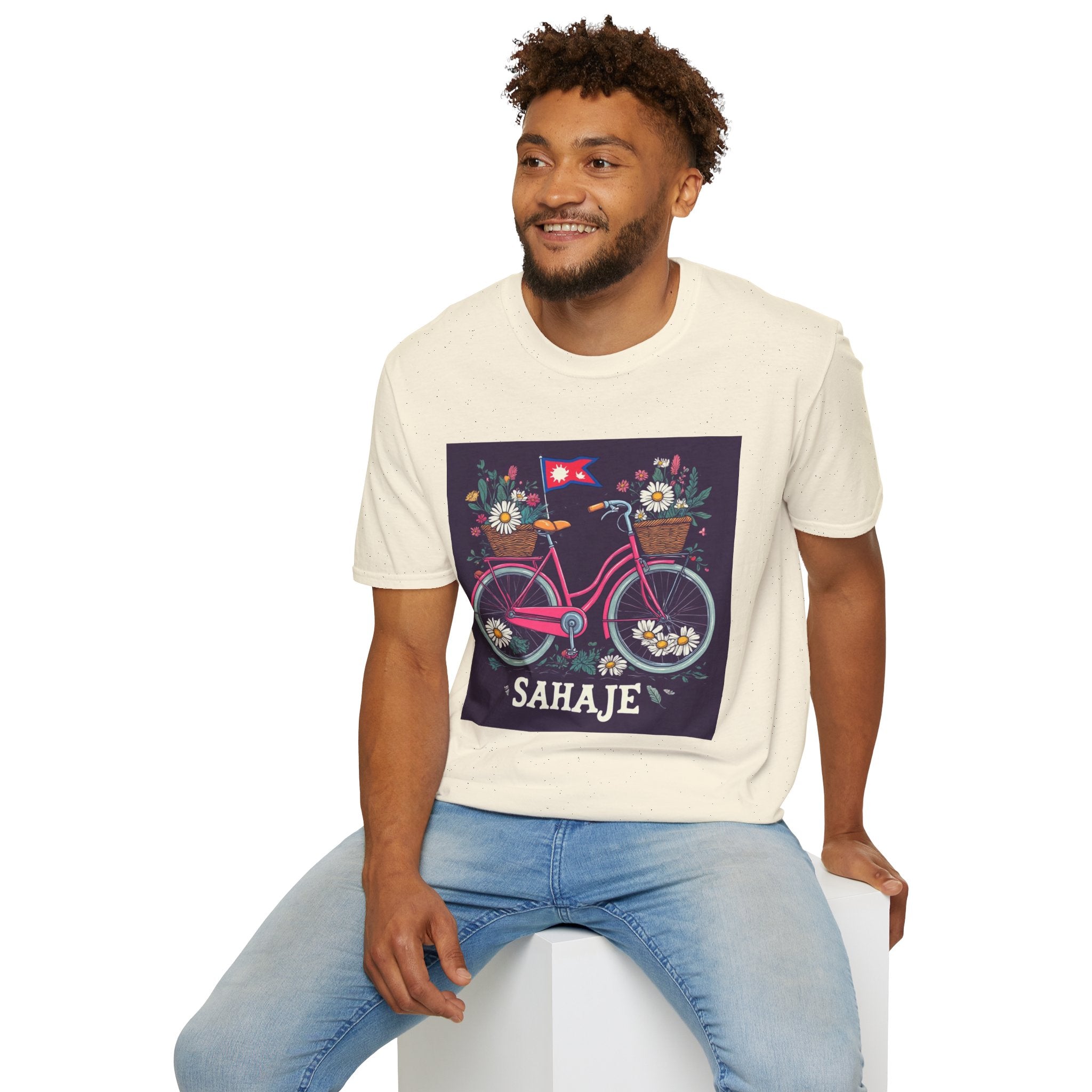 Bicycle Floral T-Shirt – Pink Bike with Baskets & "Sahaje" Text