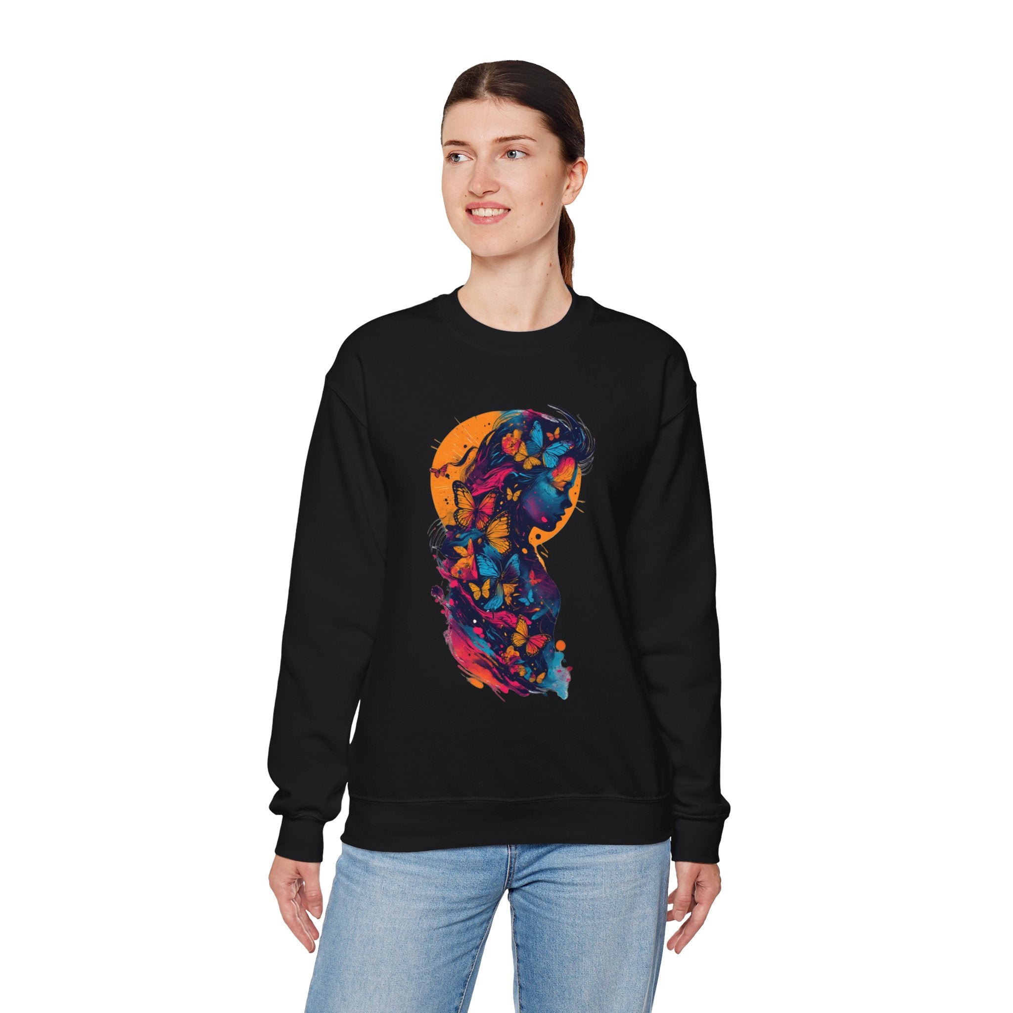 Butterfly Silhouette Crewneck Sweatshirt — Colorful Butterfly Profile Graphic