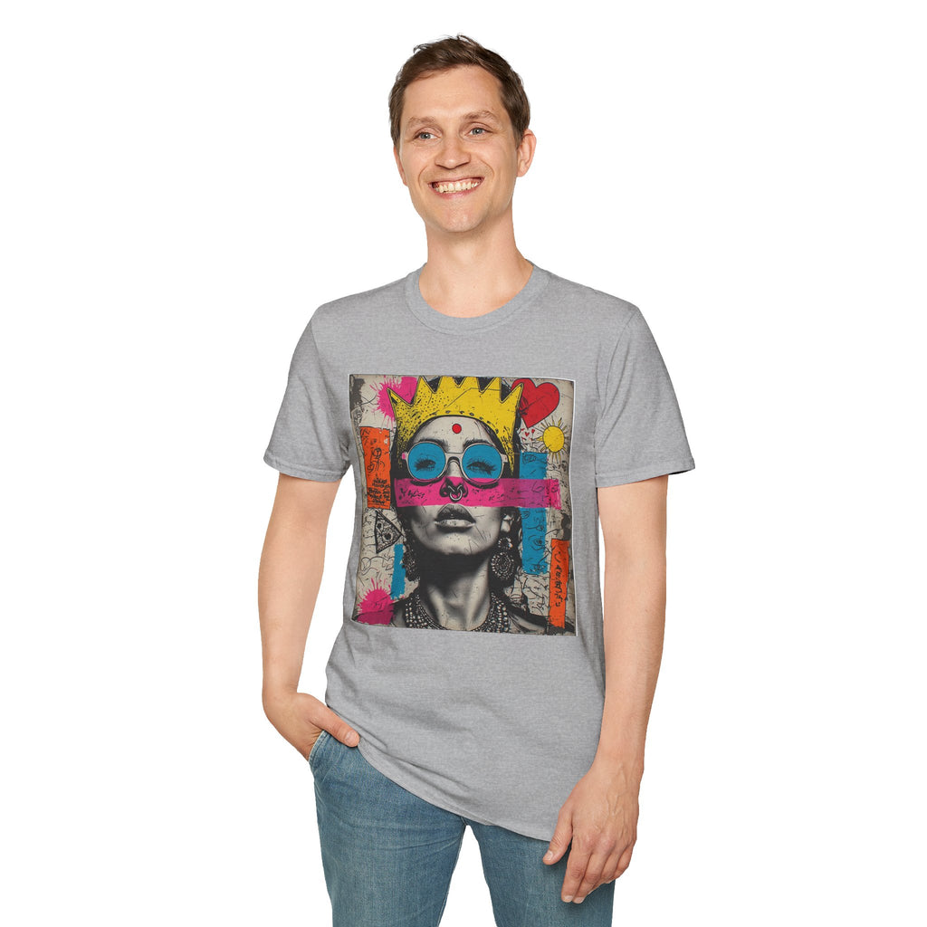 Abstract Pop Art Portrait T-Shirt — Neon Crown & Sunglasses Graphic