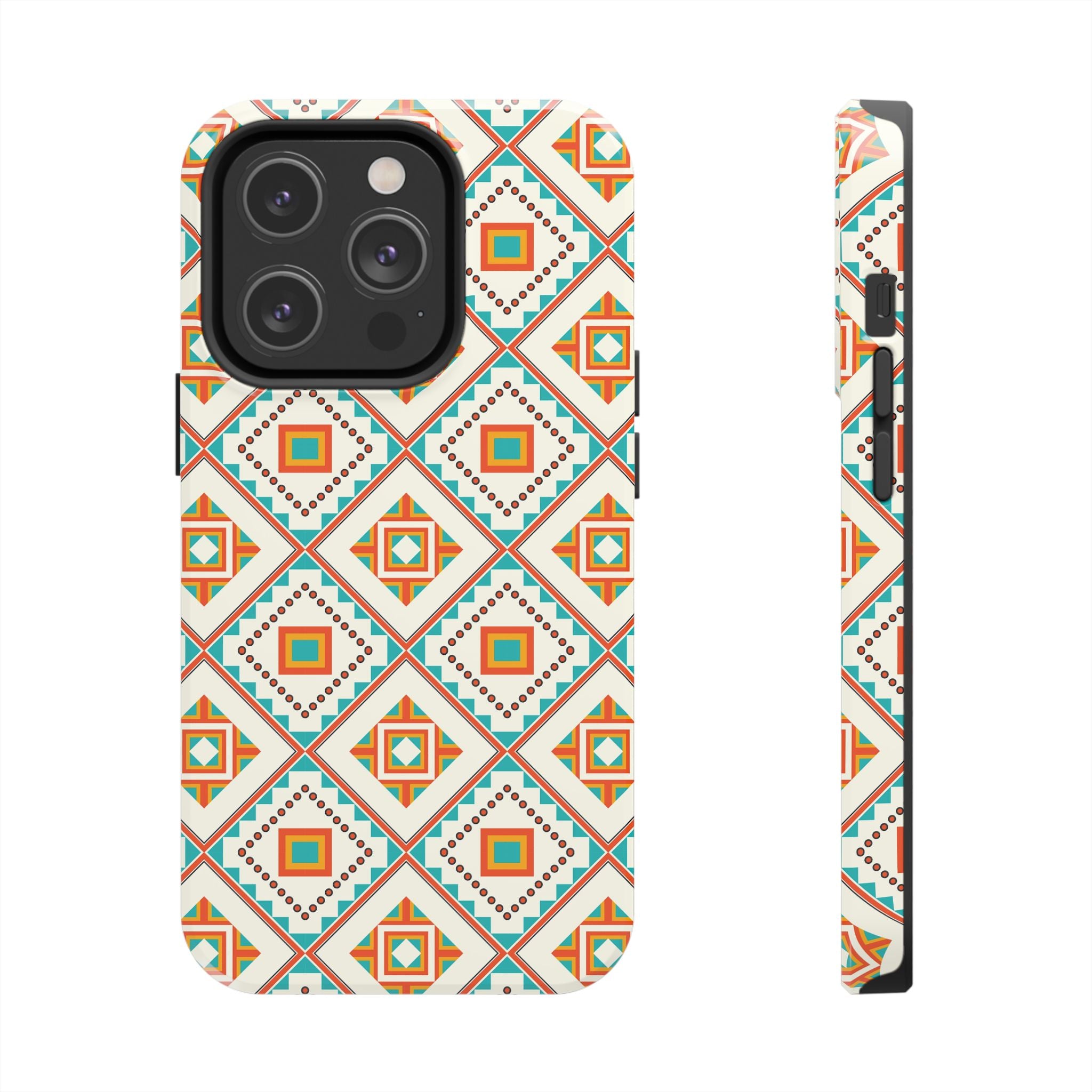 Tough Phone Case — Geometric Retro Tile Pattern, Orange & Teal Protective Cover