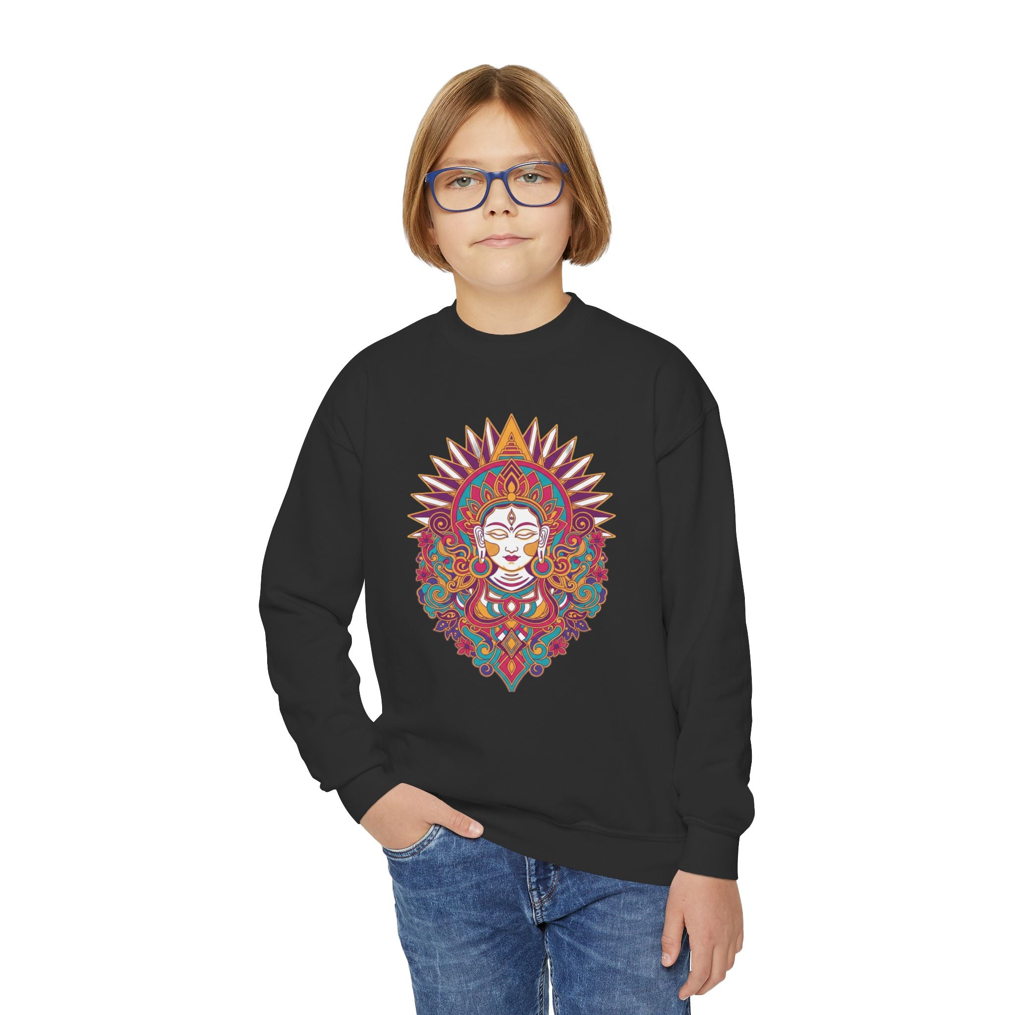 Youth Crewneck Sweatshirt — Colorful Boho Sun Goddess Graphic