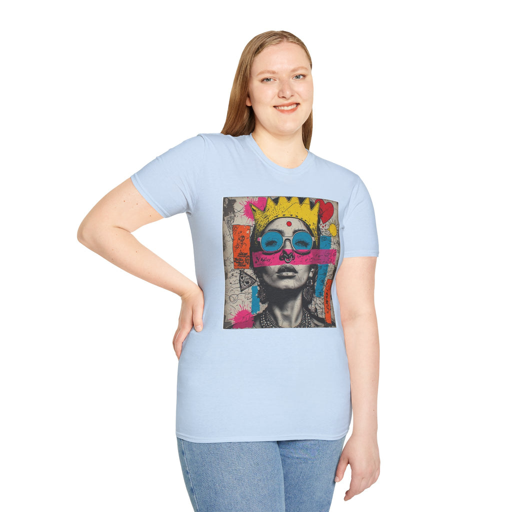 Abstract Pop Art Portrait T-Shirt — Neon Crown & Sunglasses Graphic