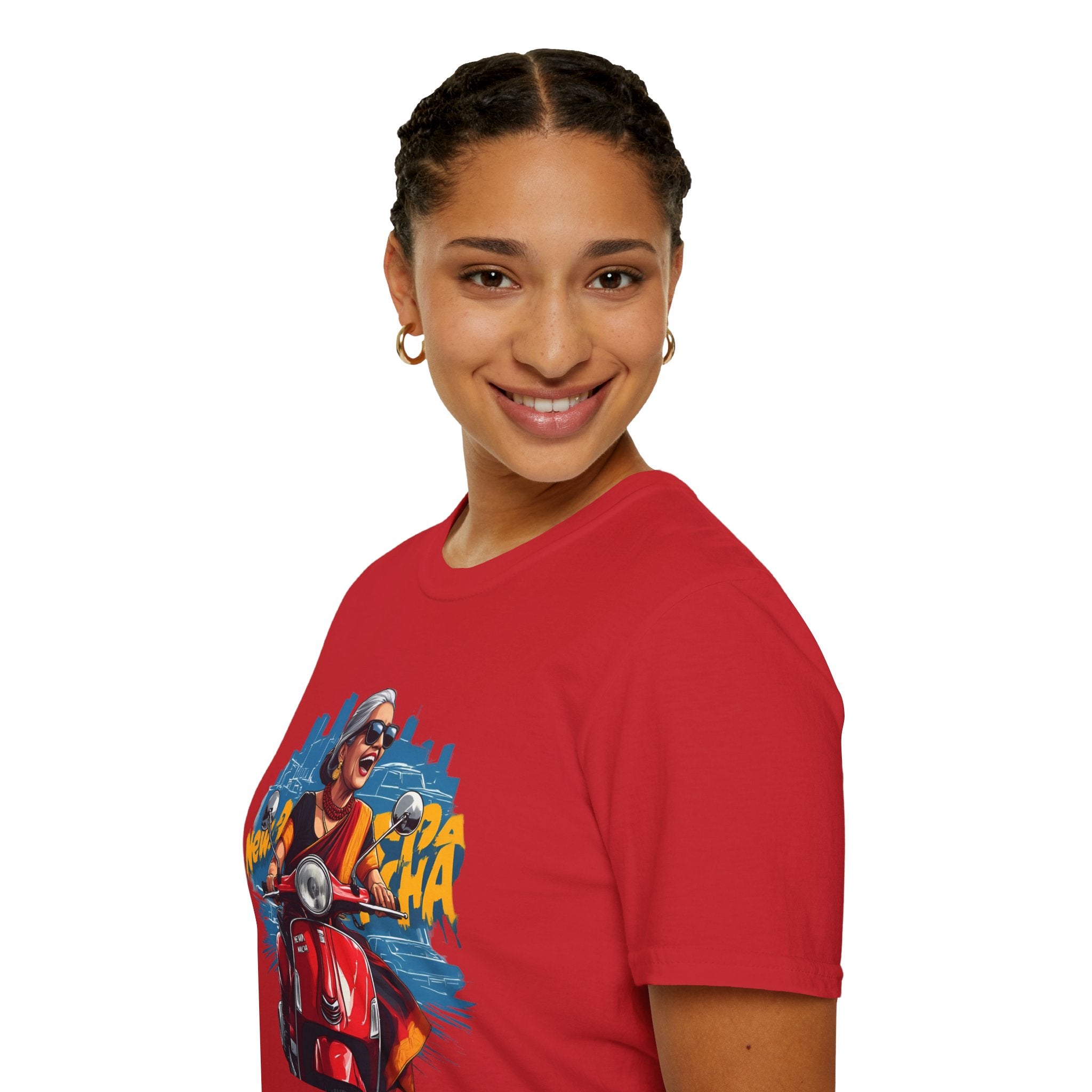 Newa Maicha Riding Scooter T-Shirt – Newari Woman in New York Graphic Tee, Cultural & Urban Design