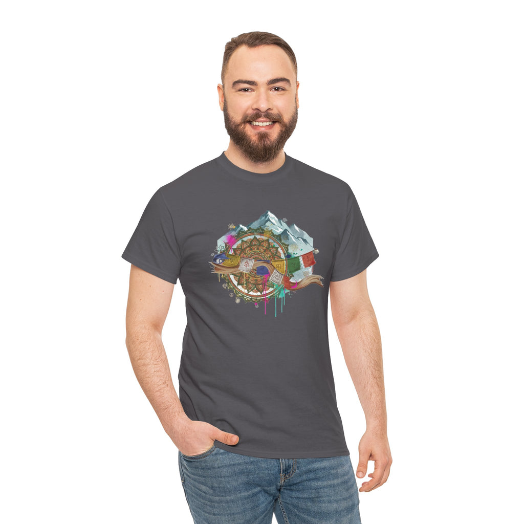 Adventure Compass Graphic Tee — Mountain, Globe & Flag Illustration