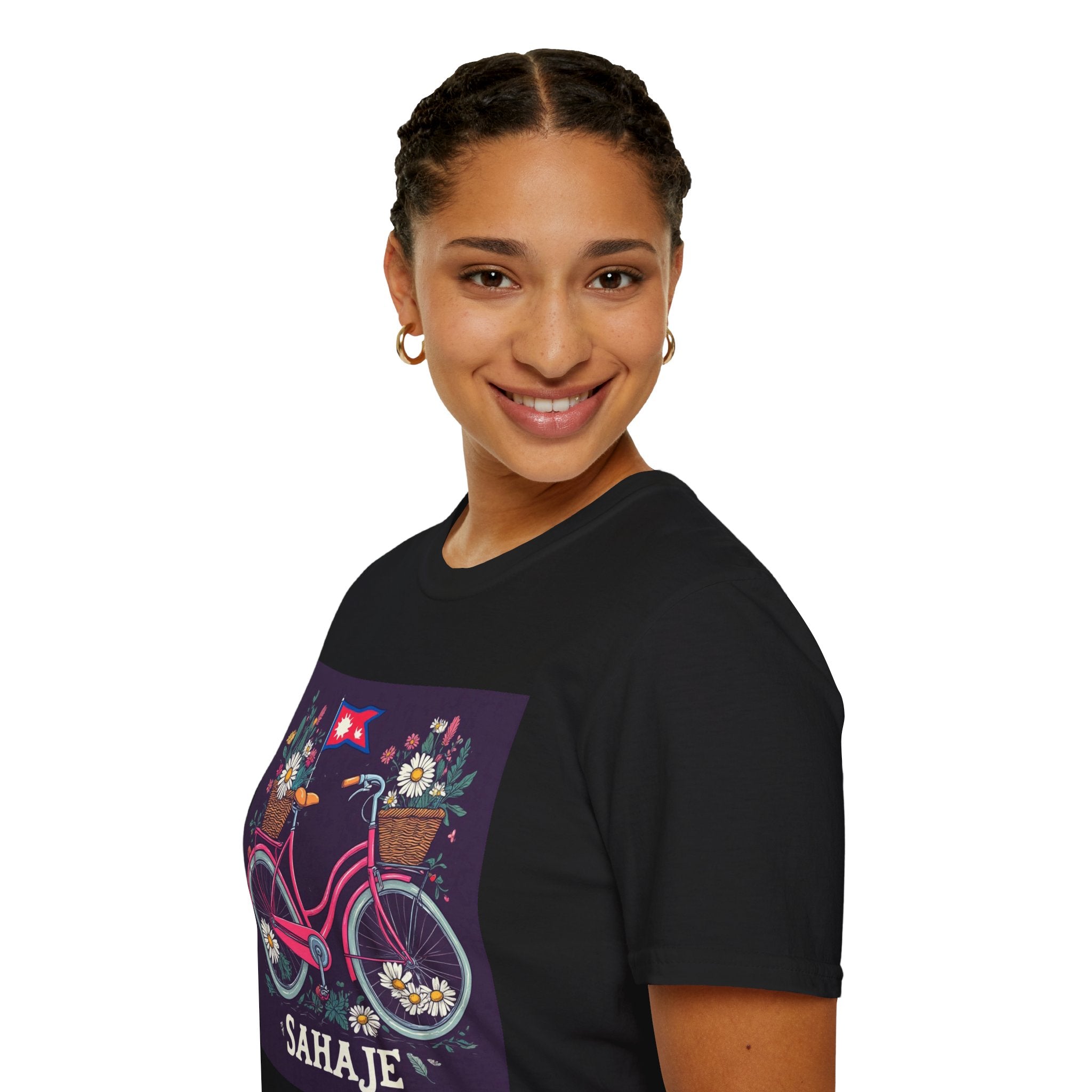 Bicycle Floral T-Shirt – Pink Bike with Baskets & "Sahaje" Text