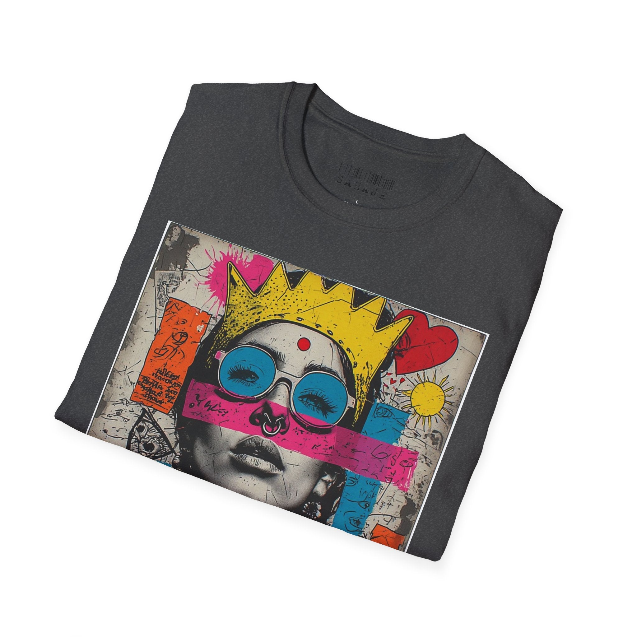 Abstract Pop Art Portrait T-Shirt — Neon Crown & Sunglasses Graphic