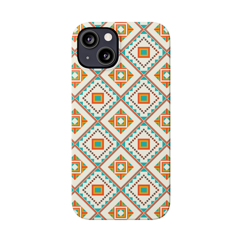Slim Phone Case — Retro Geometric Tile Pattern (Turquoise & Orange)