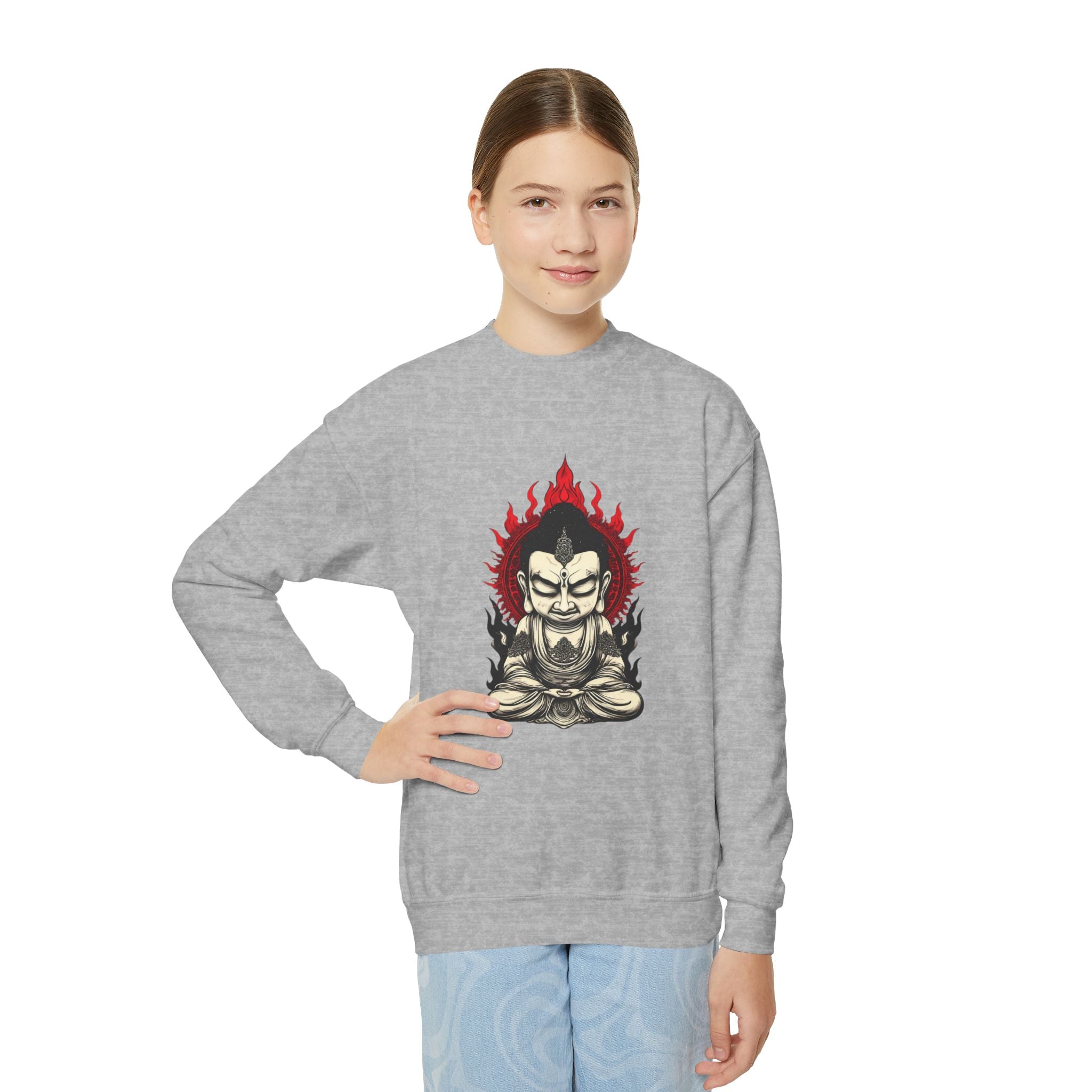 Flaming Meditating Buddha Youth Crewneck Sweatshirt — Zen Graphic Sweater for Kids