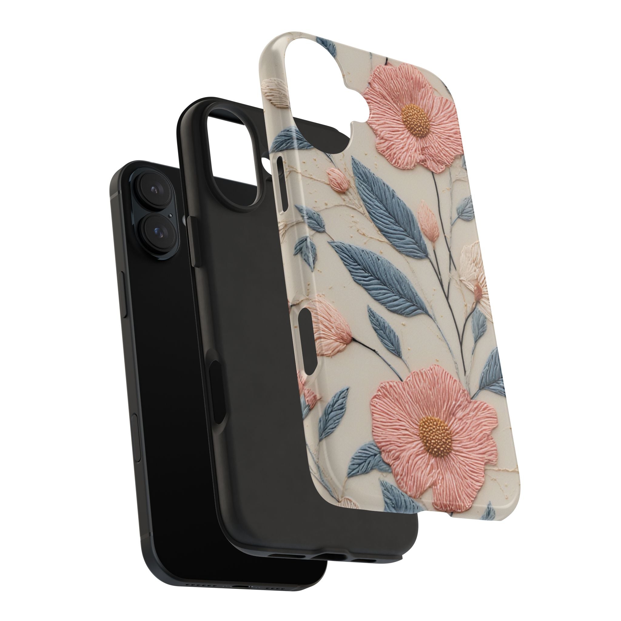 Floral Embroidered Tough Phone Case — Pink Blossom Protective Phone Cover