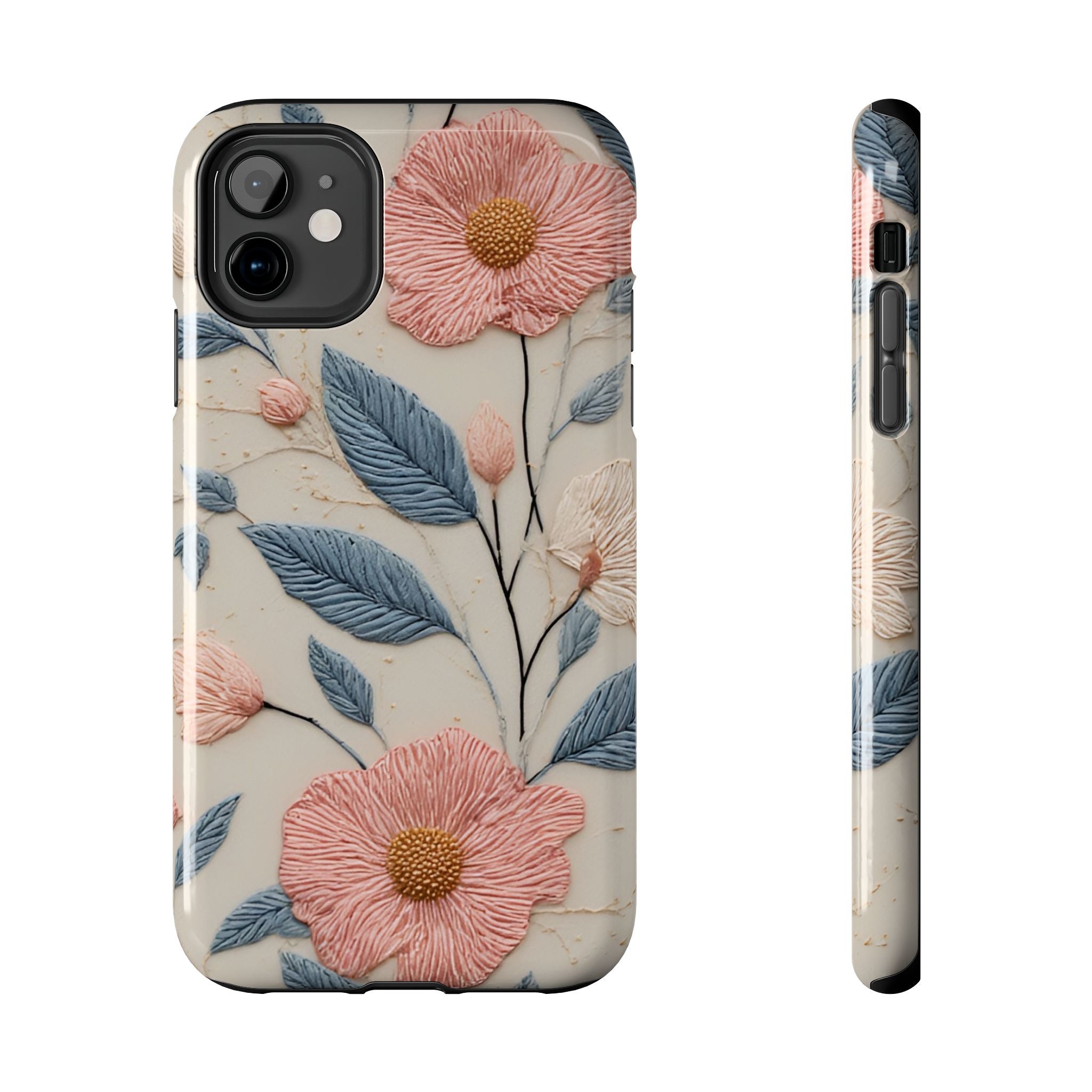 Floral Embroidered Tough Phone Case — Pink Blossom Protective Phone Cover