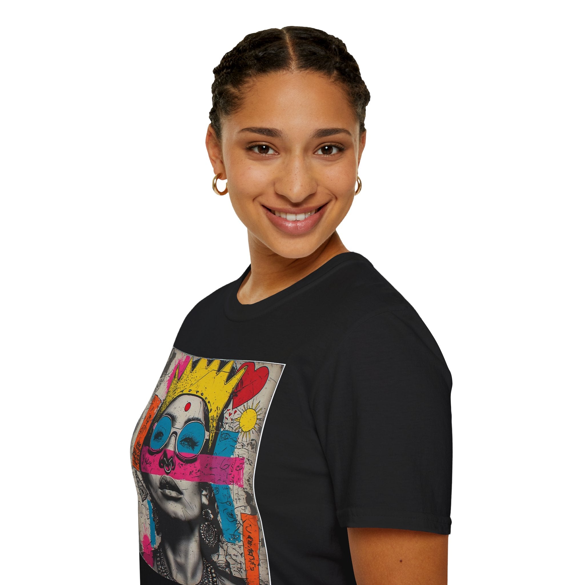 Abstract Pop Art Portrait T-Shirt — Neon Crown & Sunglasses Graphic