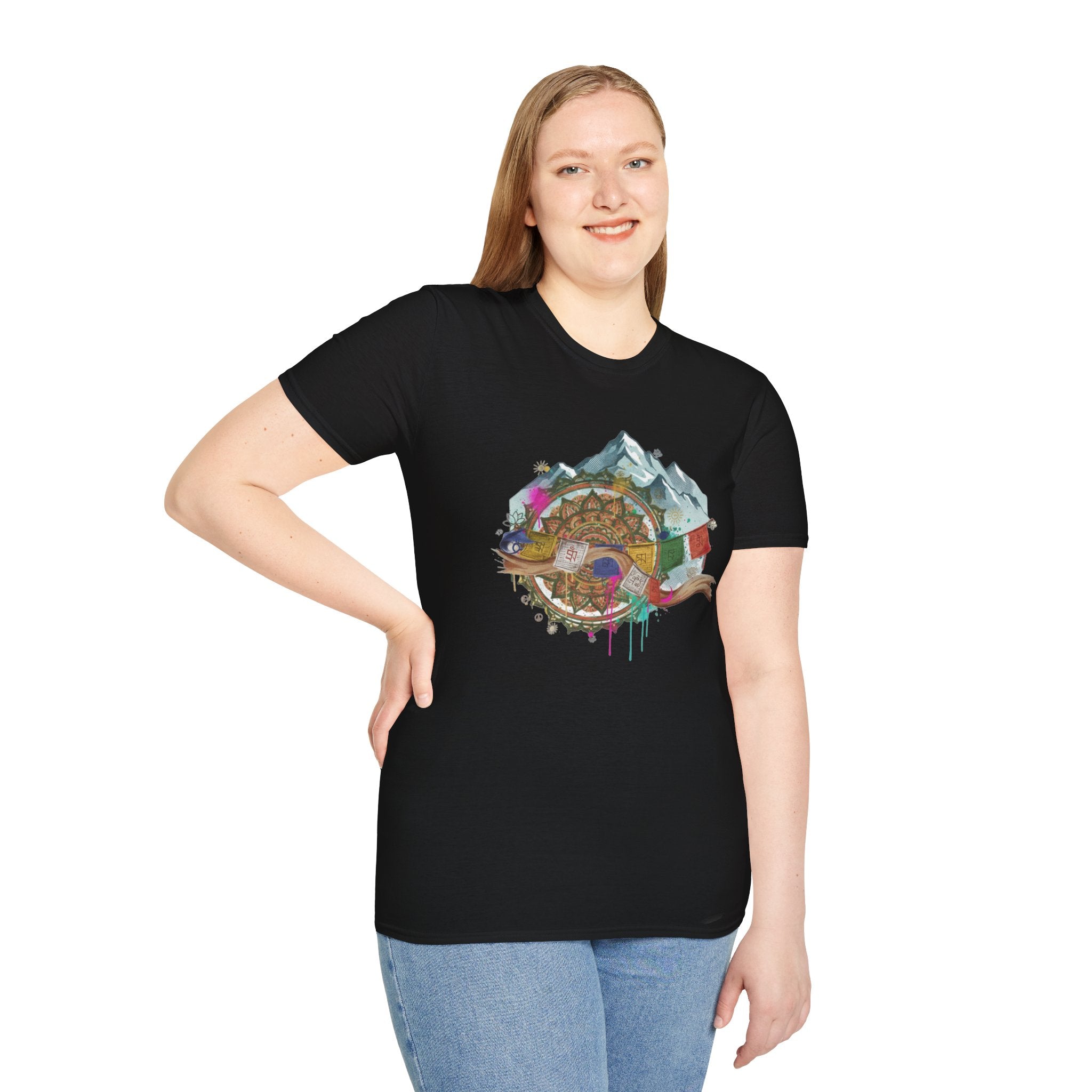 Adventure Compass T-Shirt — Mountain Compass with Prayer Flags & Colorful Globe