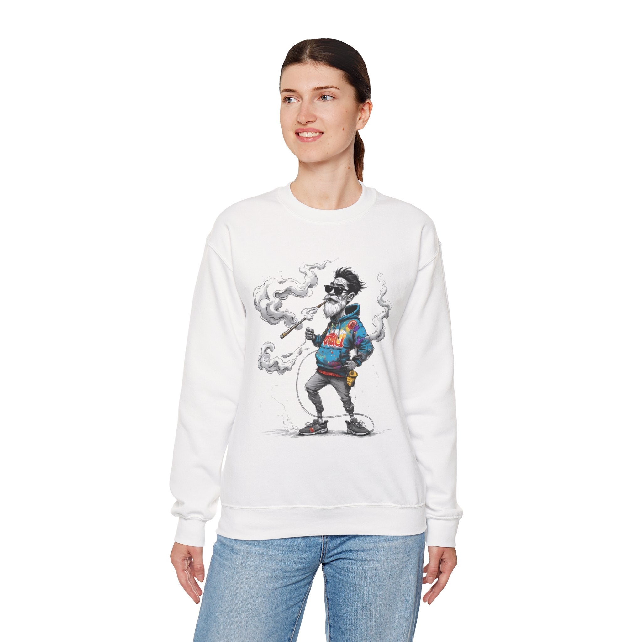 Crewneck Sweatshirt - Retro Cool Grandpa Smoking Pipe Illustration