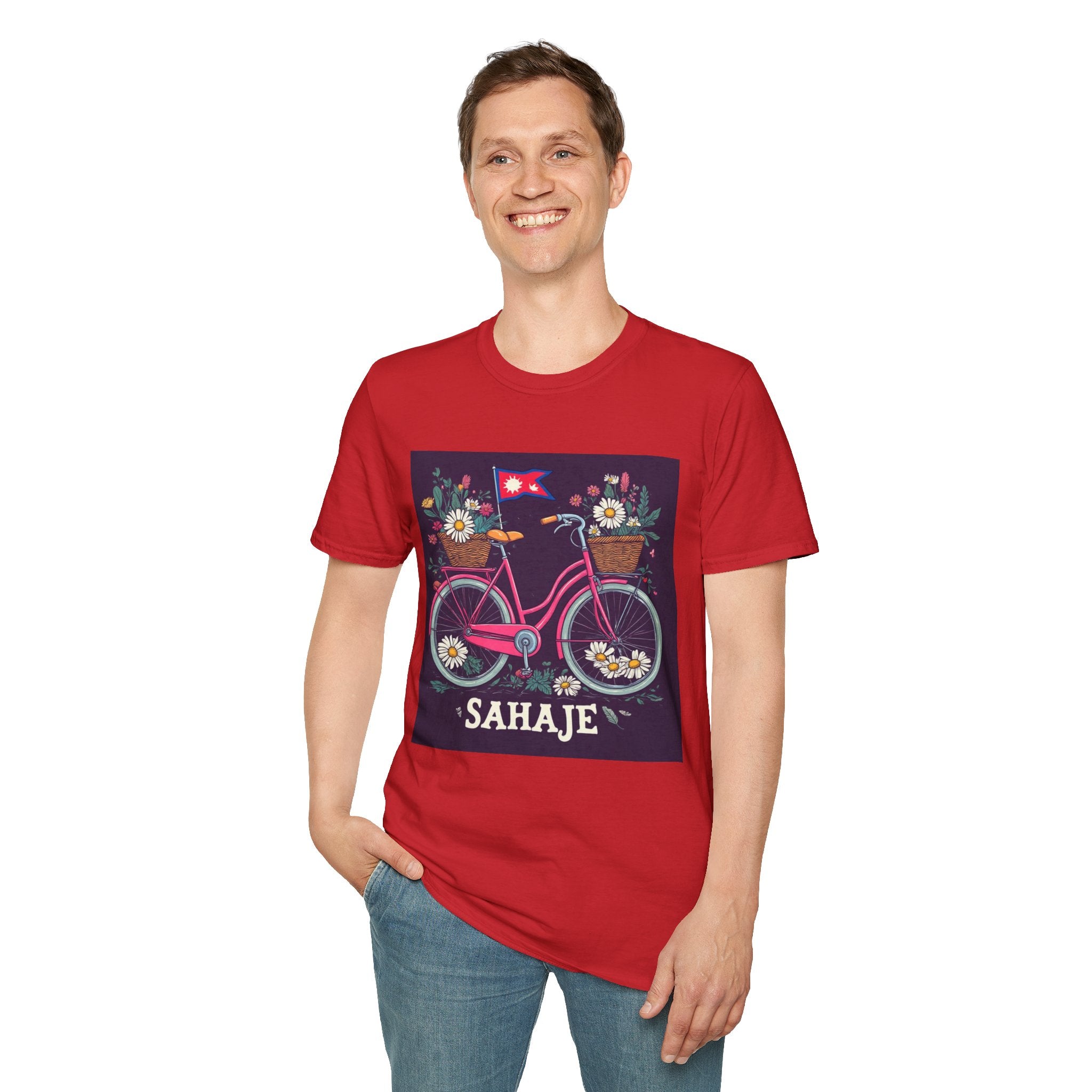 Bicycle Floral T-Shirt – Pink Bike with Baskets & "Sahaje" Text